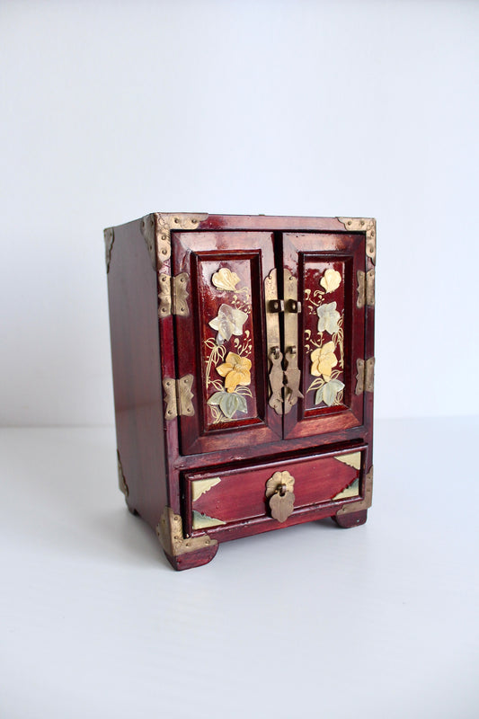 Vintage Chinese Handmade Wood and Stone Jewelry Box