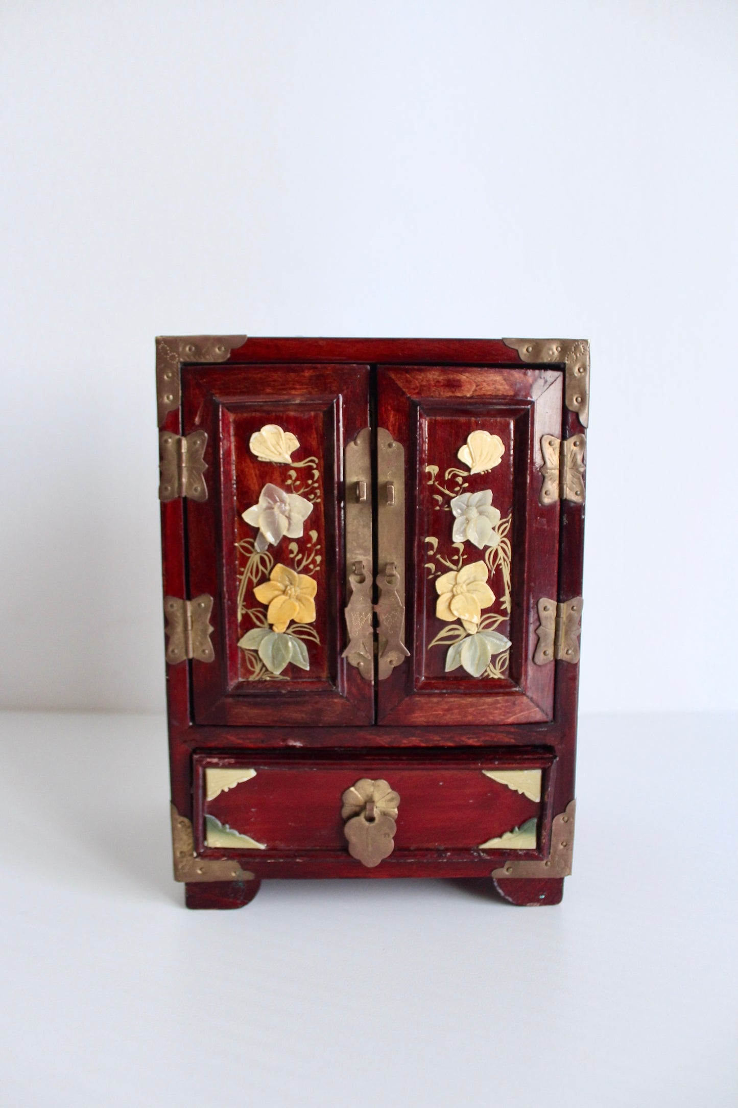 Vintage Chinese Handmade Wood and Stone Jewelry Box