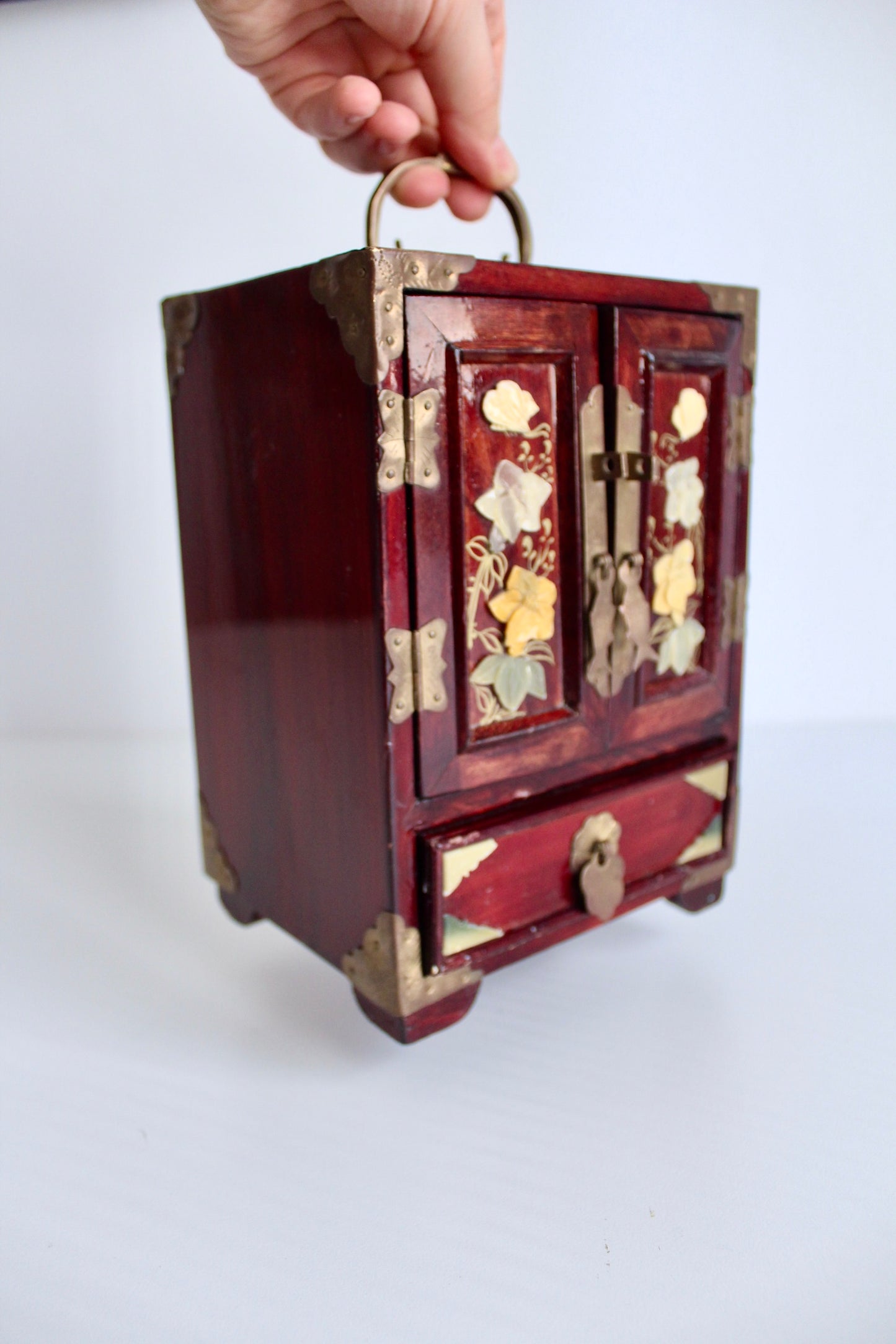 Vintage Chinese Handmade Wood and Stone Jewelry Box