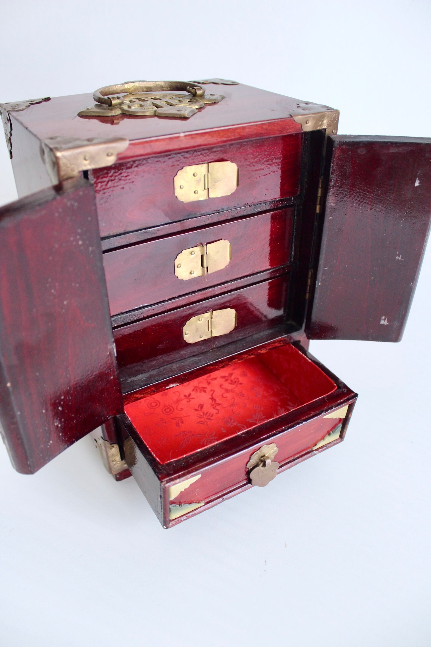 Vintage Chinese Handmade Wood and Stone Jewelry Box