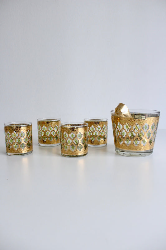 Culver Midcentury 22K Gold Moroccan Lattice Barware Set - Ice Bucket and Four Rock Glasses