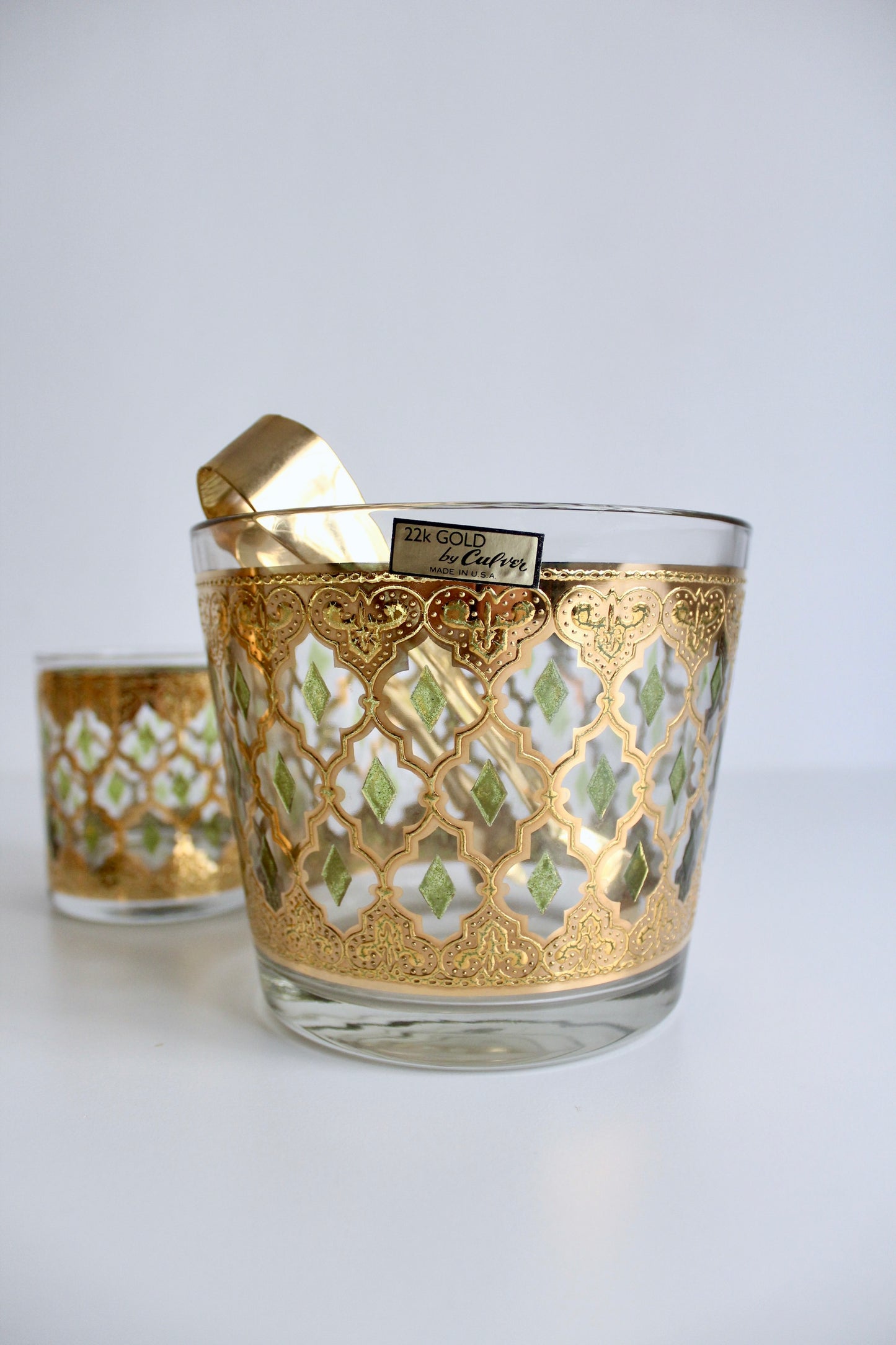 Culver Midcentury 22K Gold Moroccan Lattice Barware Set - Ice Bucket and Four Rock Glasses