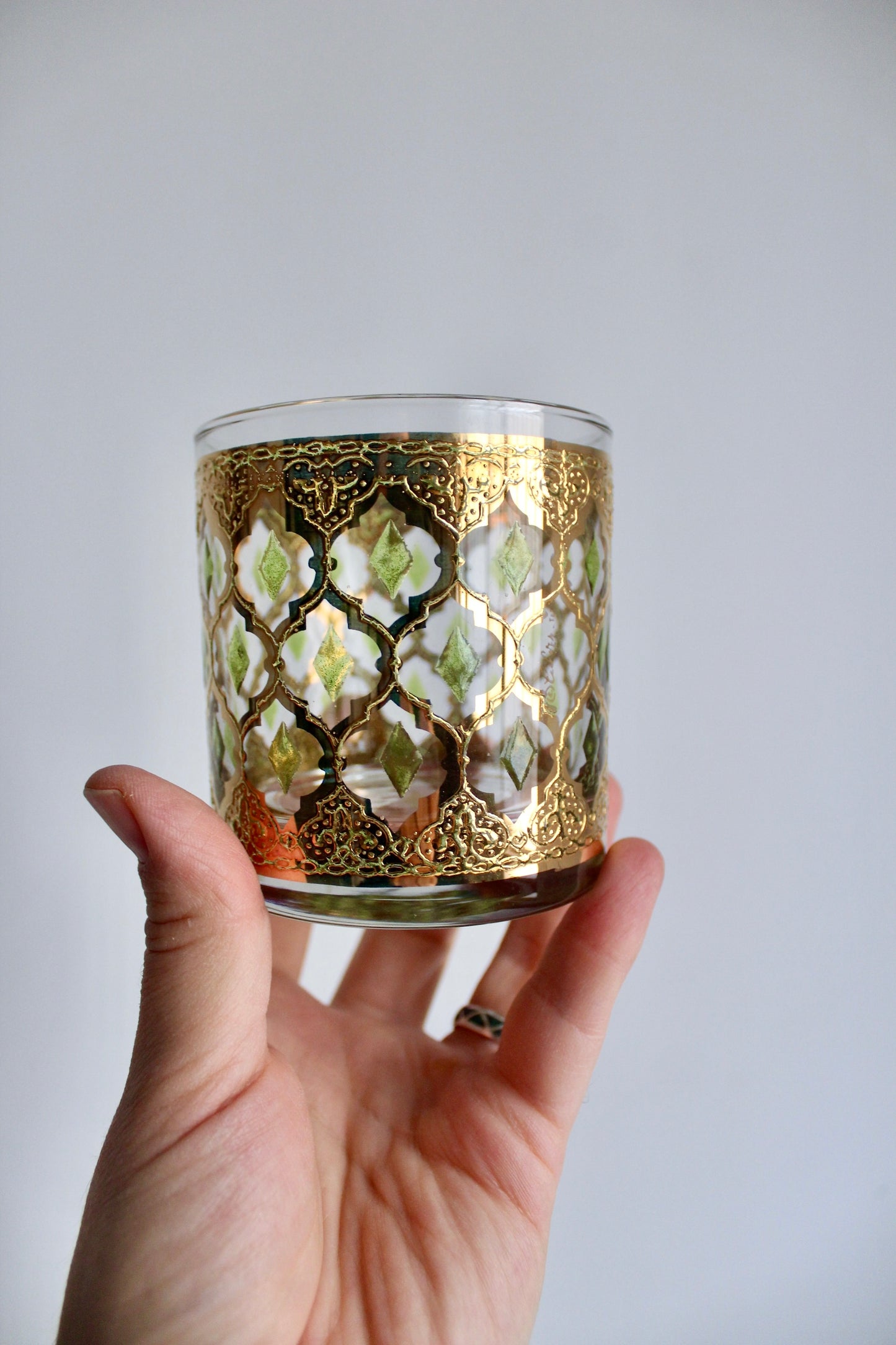 Culver Midcentury 22K Gold Moroccan Lattice Barware Set - Ice Bucket and Four Rock Glasses