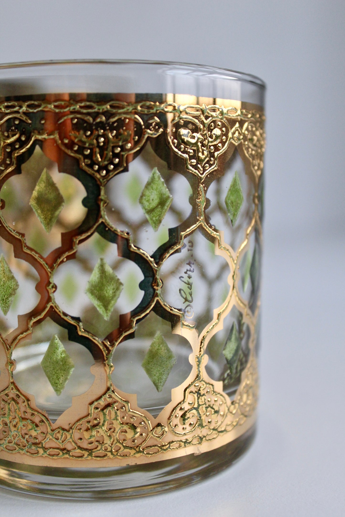 Culver Midcentury 22K Gold Moroccan Lattice Barware Set - Ice Bucket and Four Rock Glasses