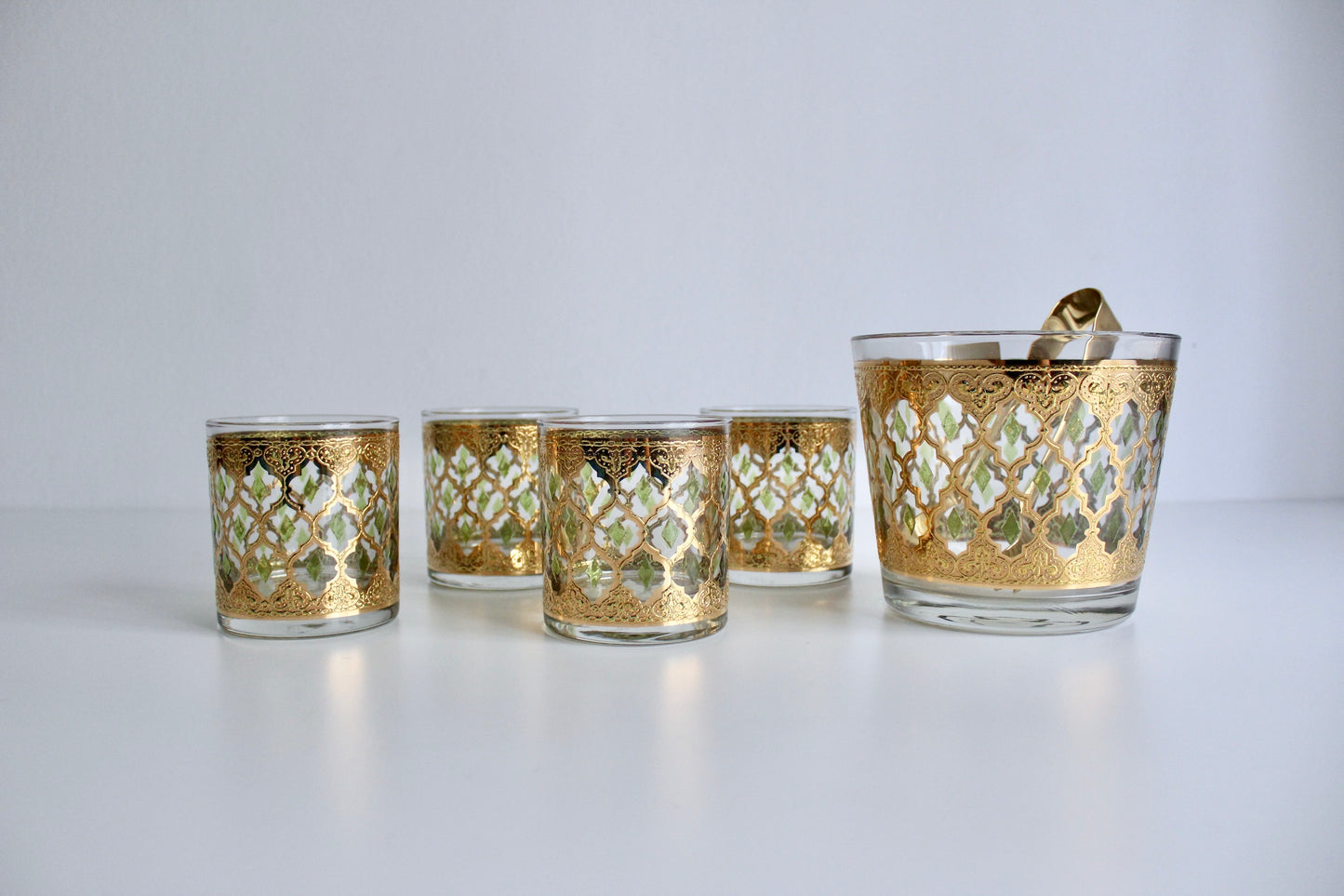 Culver Midcentury 22K Gold Moroccan Lattice Barware Set - Ice Bucket and Four Rock Glasses