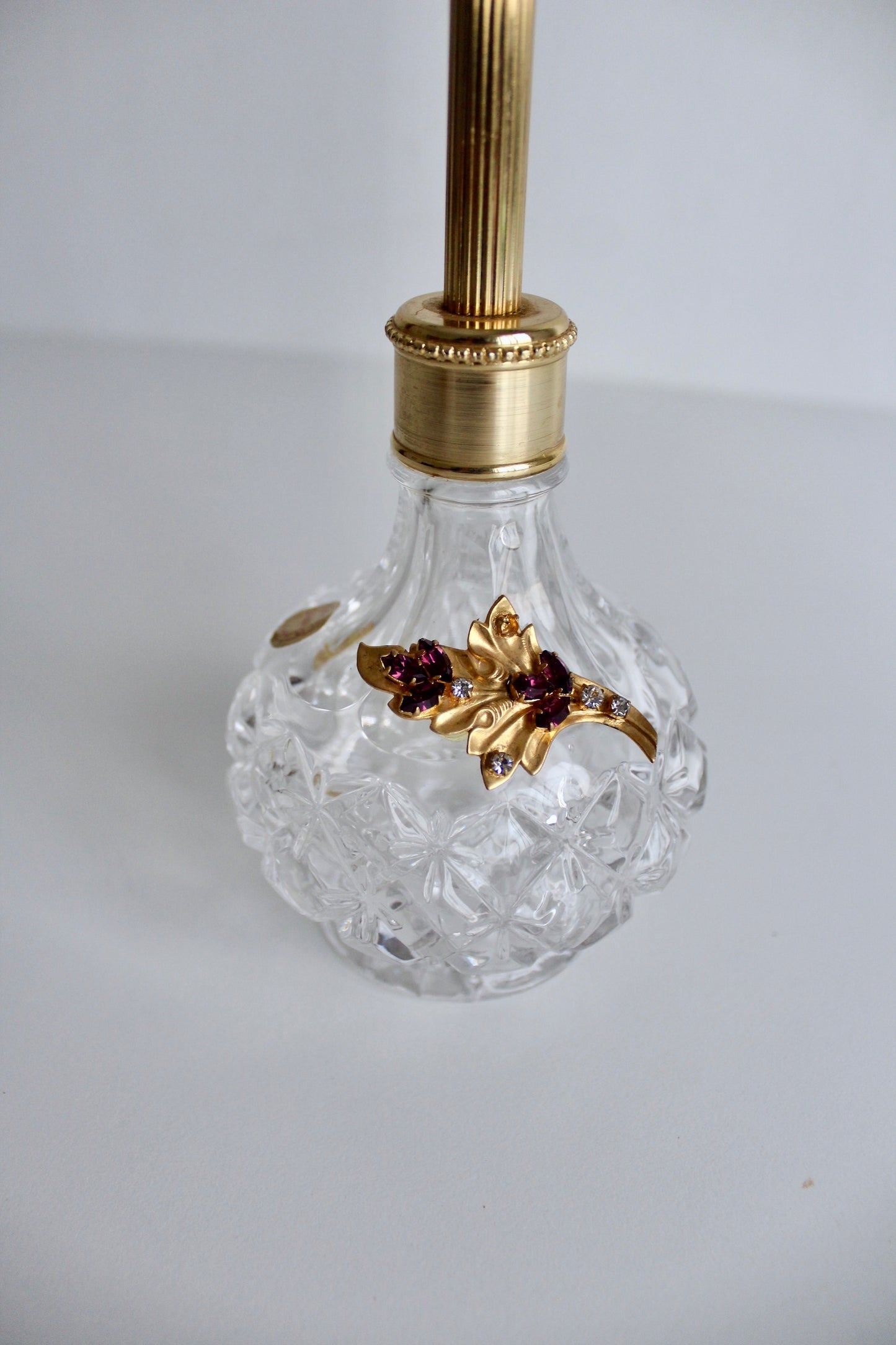 Vintage Italian Lead Crystal Perfume Atomizer with Gilt Floral Appliqué