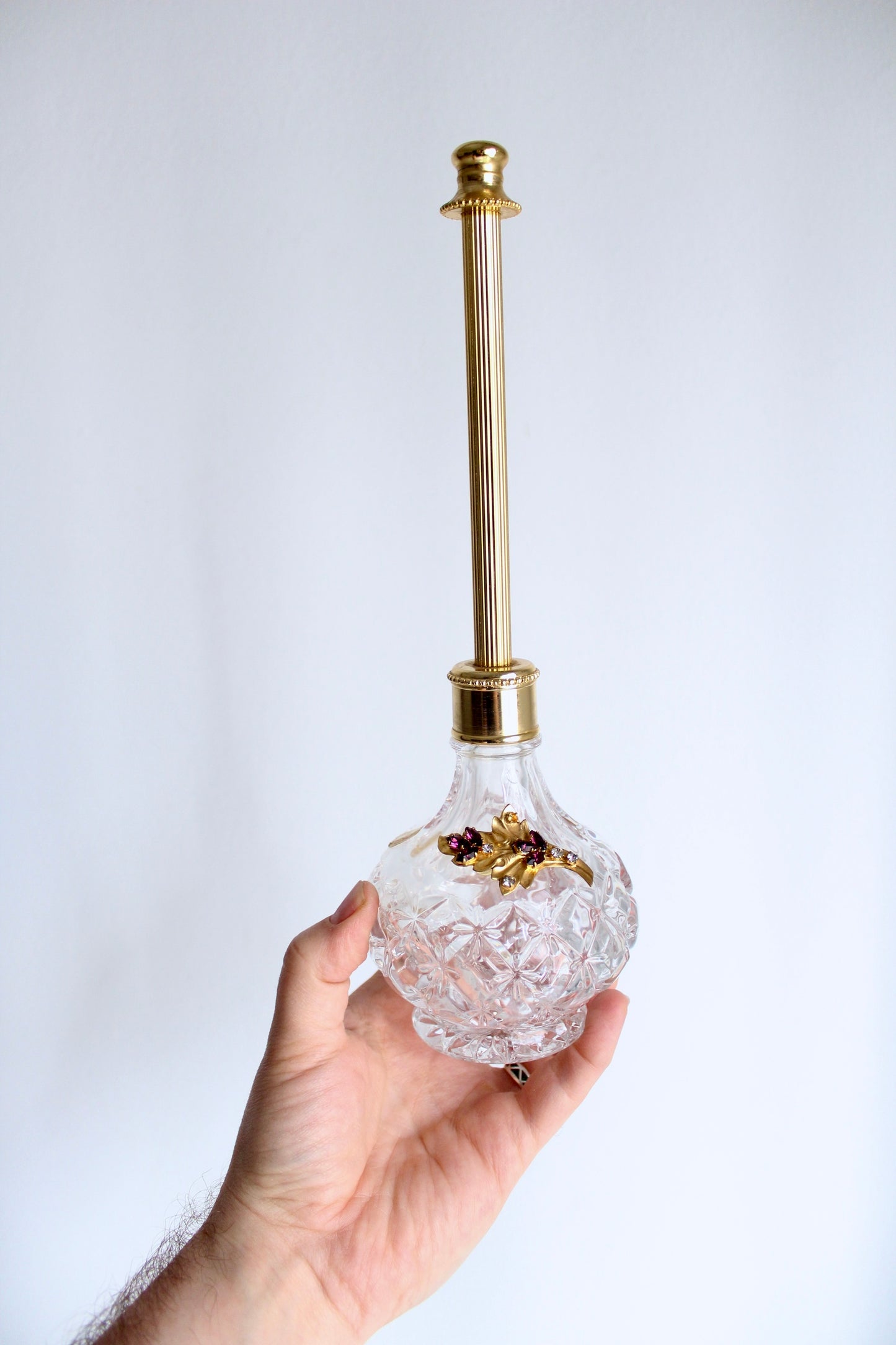 Vintage Italian Lead Crystal Perfume Atomizer with Gilt Floral Appliqué