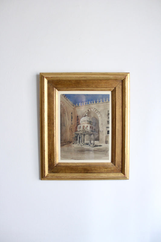 Vintage Framed Watercolor of Sultan Hassan Mosque in Cairo