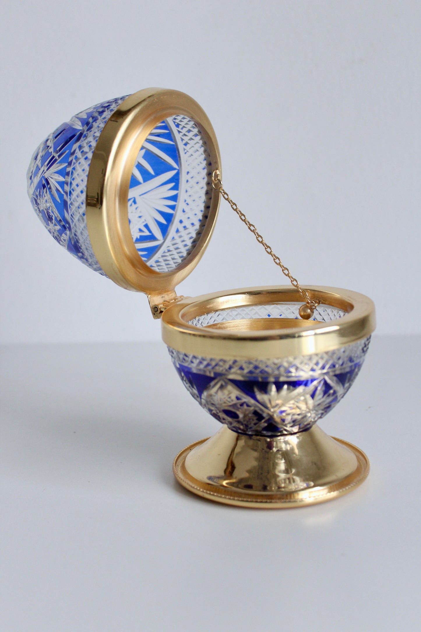 Antique Bohemian Cut Crystal and Gold Plated Egg Dish