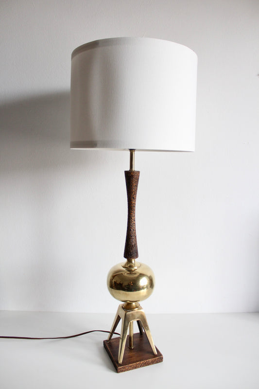 1960s Midcentury European Brass and Carved Wood Table Lamp