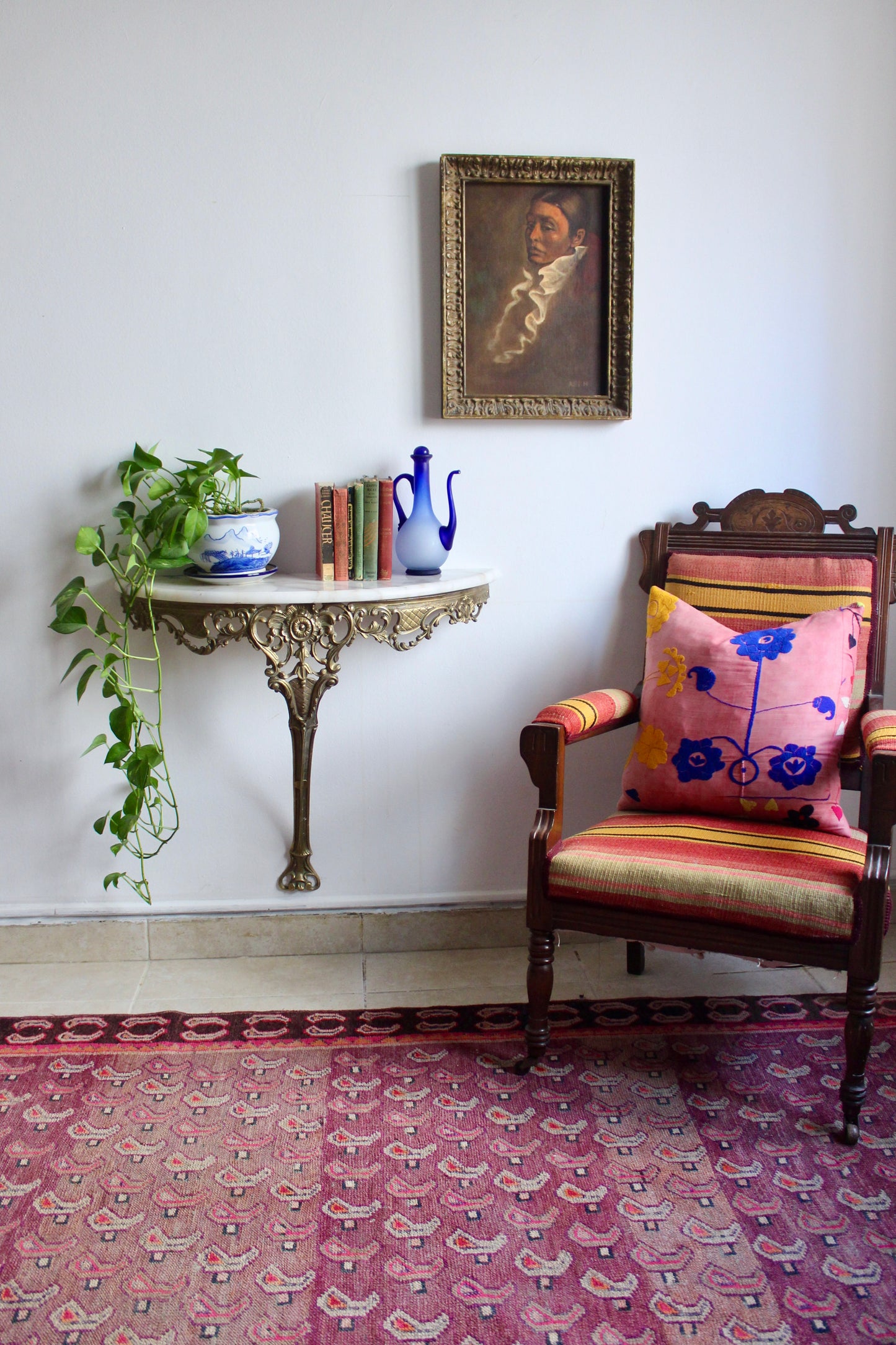Antique Louis XV Revival French Gilt Brass Console Table with Marble Top