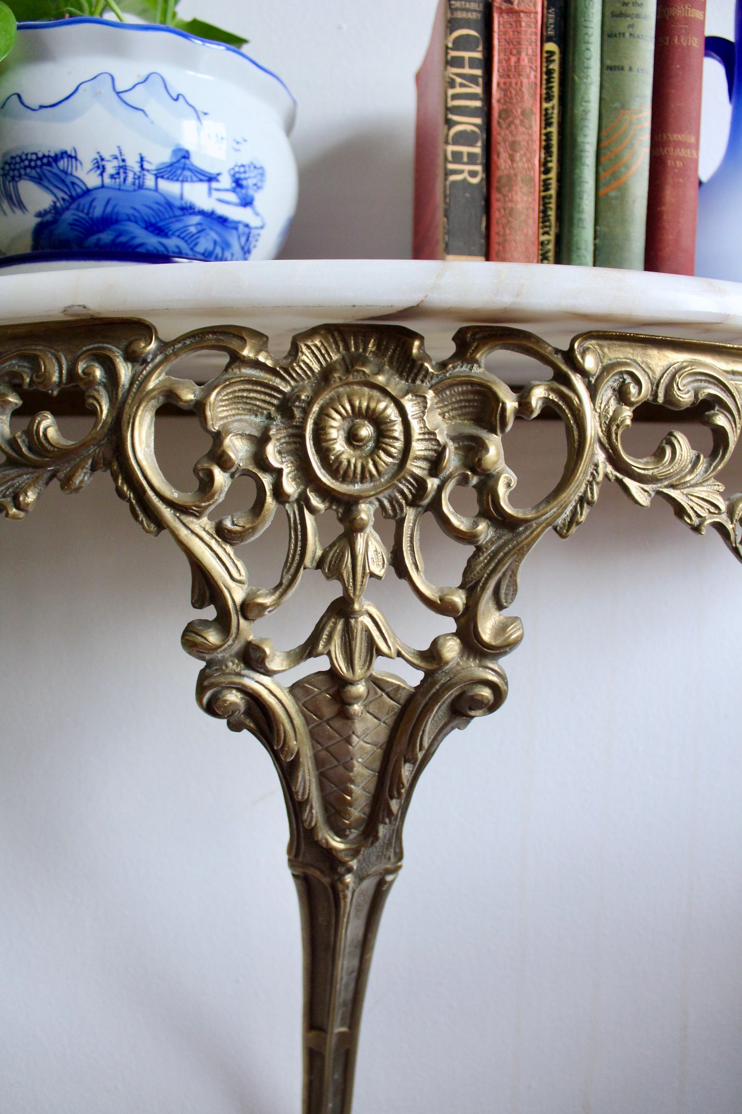 Antique Louis XV Revival French Gilt Brass Console Table with Marble Top