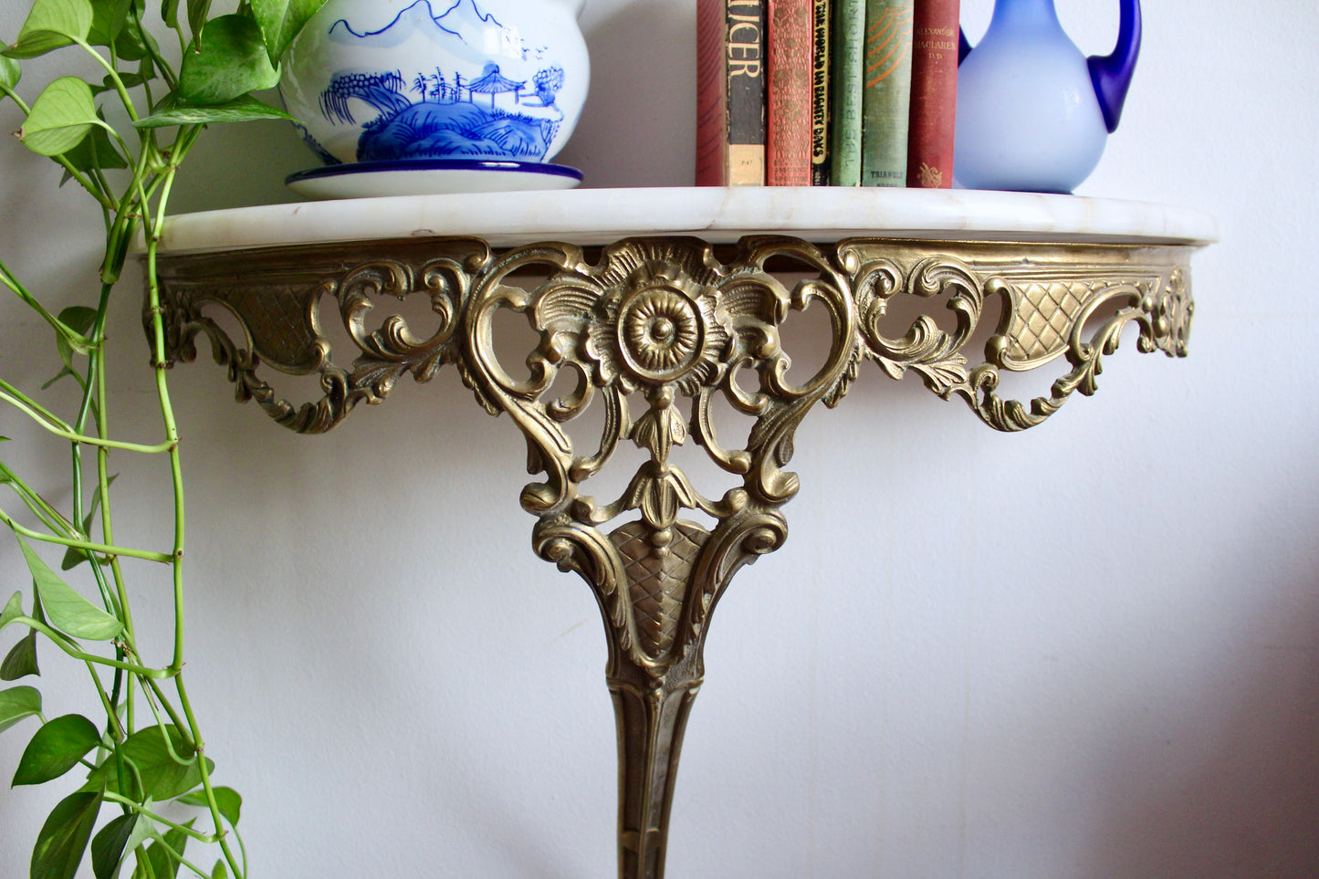Antique Louis XV Revival French Gilt Brass Console Table with Marble Top