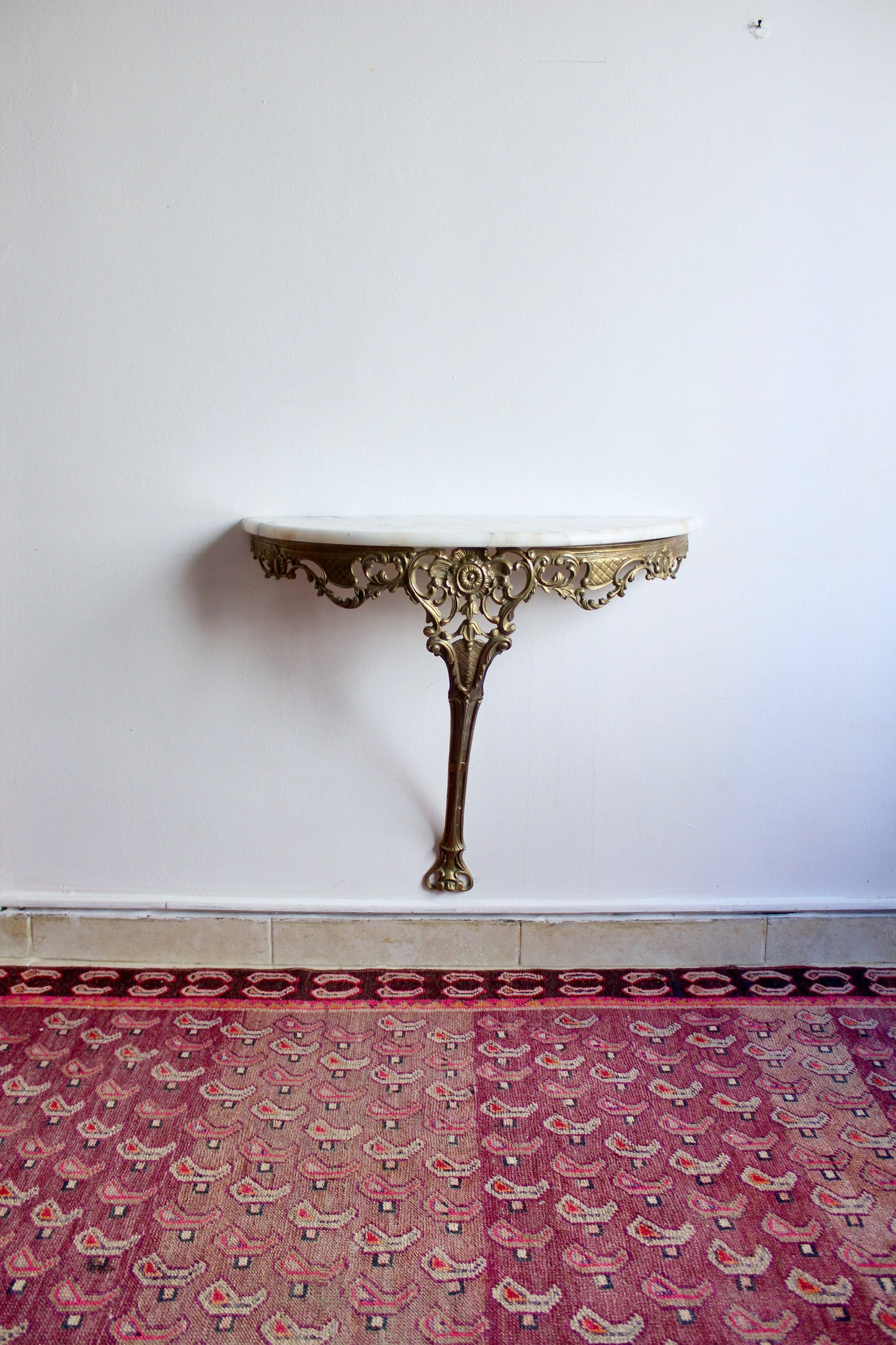Antique Louis XV Revival French Gilt Brass Console Table with Marble Top