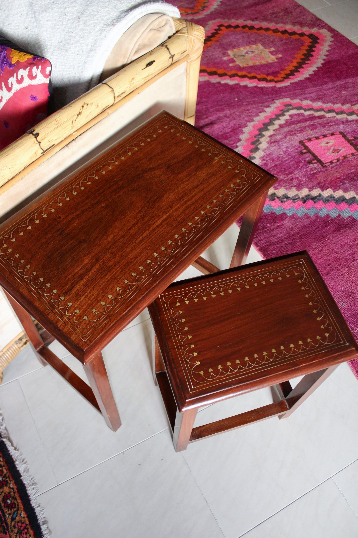 Set of Indian Rosewood and Brass Inlay Side Tables