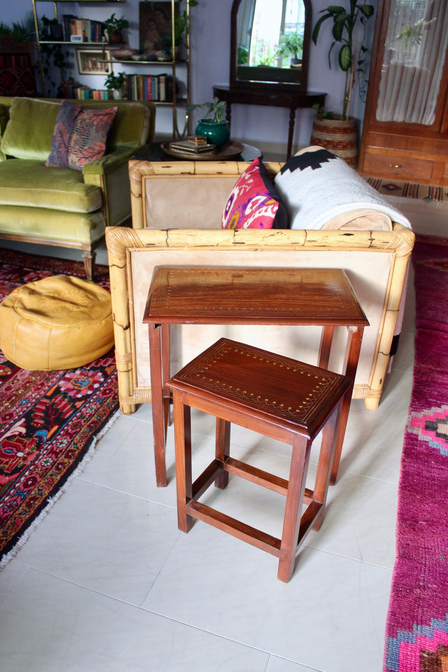 Set of Indian Rosewood and Brass Inlay Side Tables