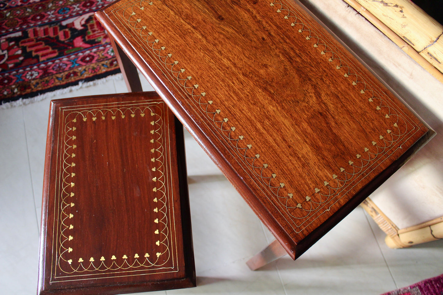 Set of Indian Rosewood and Brass Inlay Side Tables