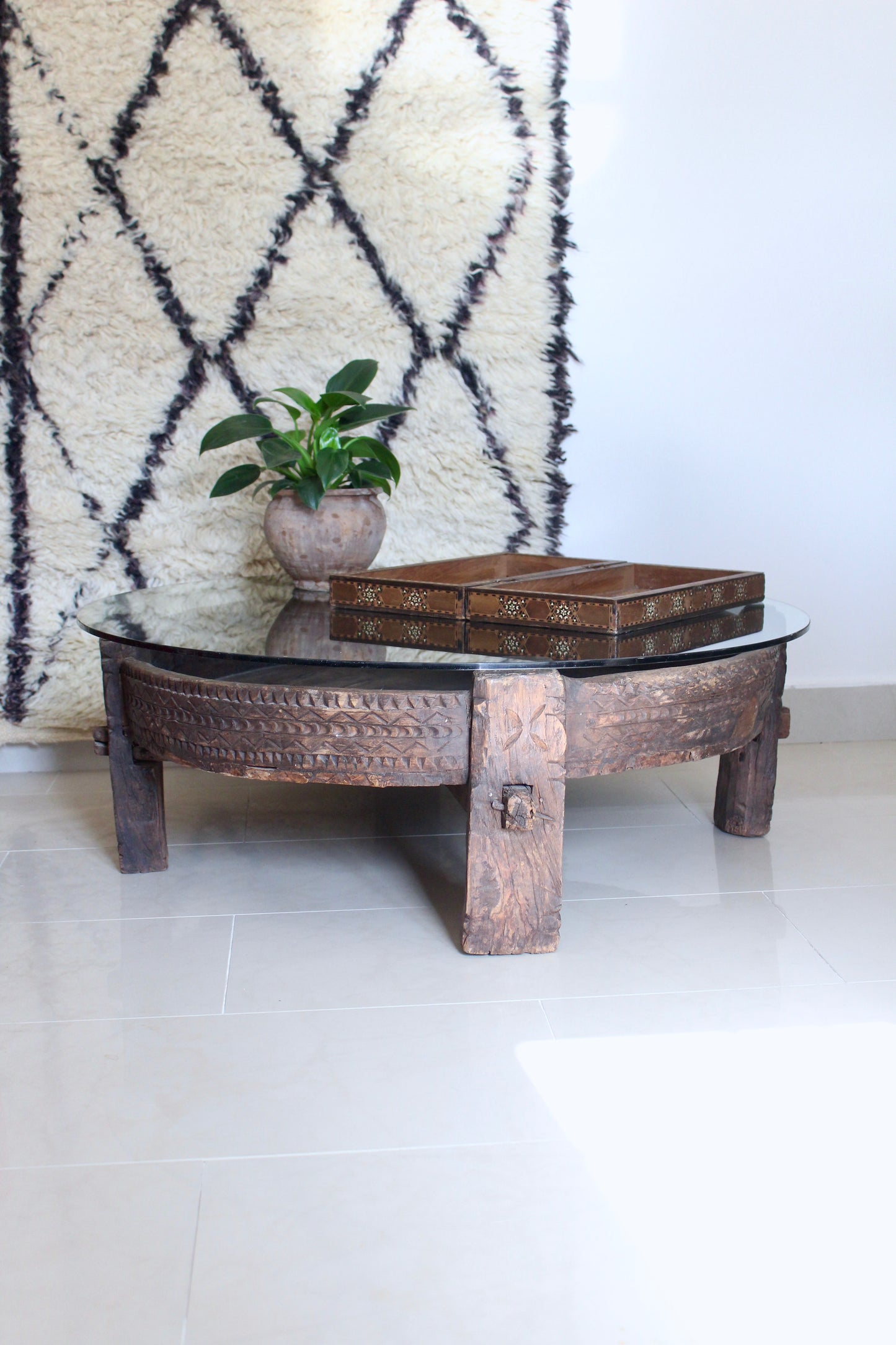 Antique Solid Wood Indian Coffee Table with Glass Top