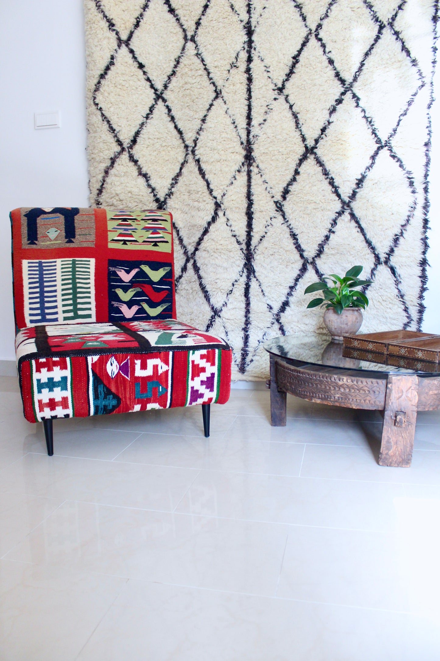 Antique Solid Wood Indian Coffee Table with Glass Top