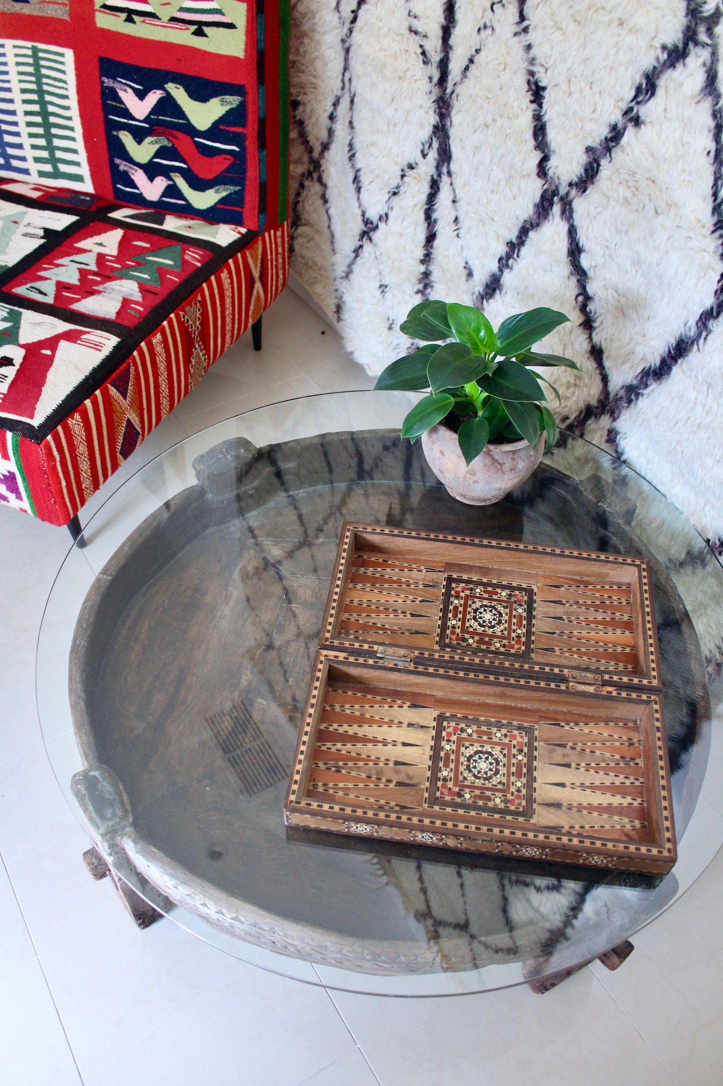 Antique Solid Wood Indian Coffee Table with Glass Top