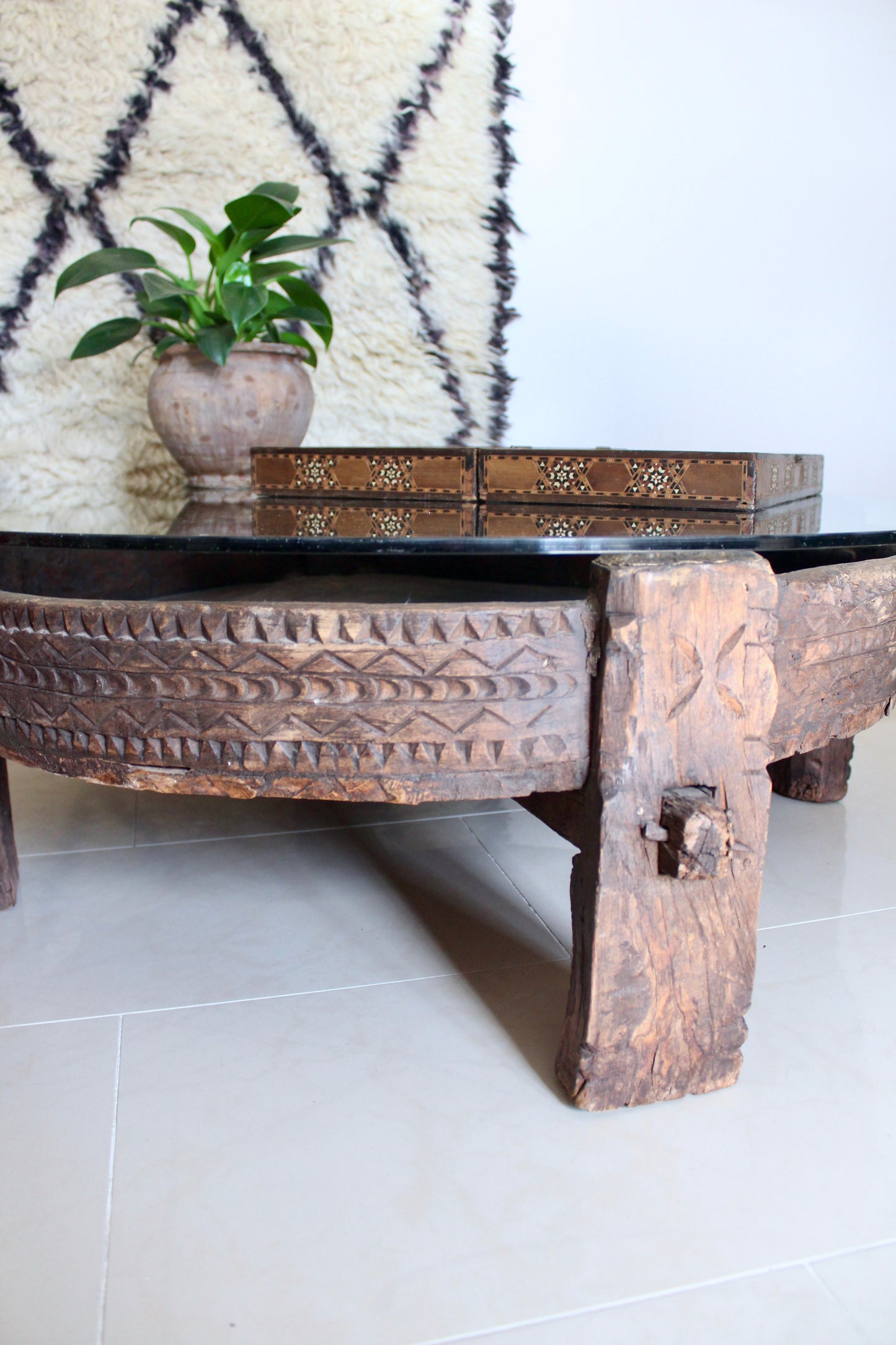 Antique Solid Wood Indian Coffee Table with Glass Top