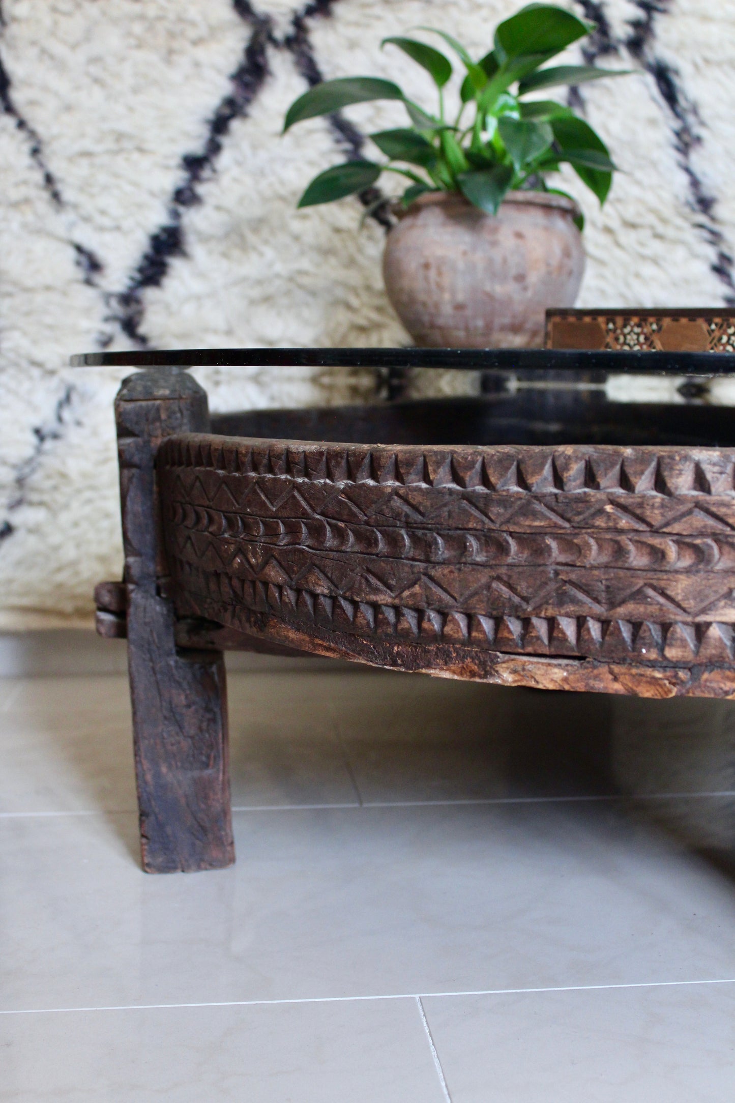 Antique Solid Wood Indian Coffee Table with Glass Top