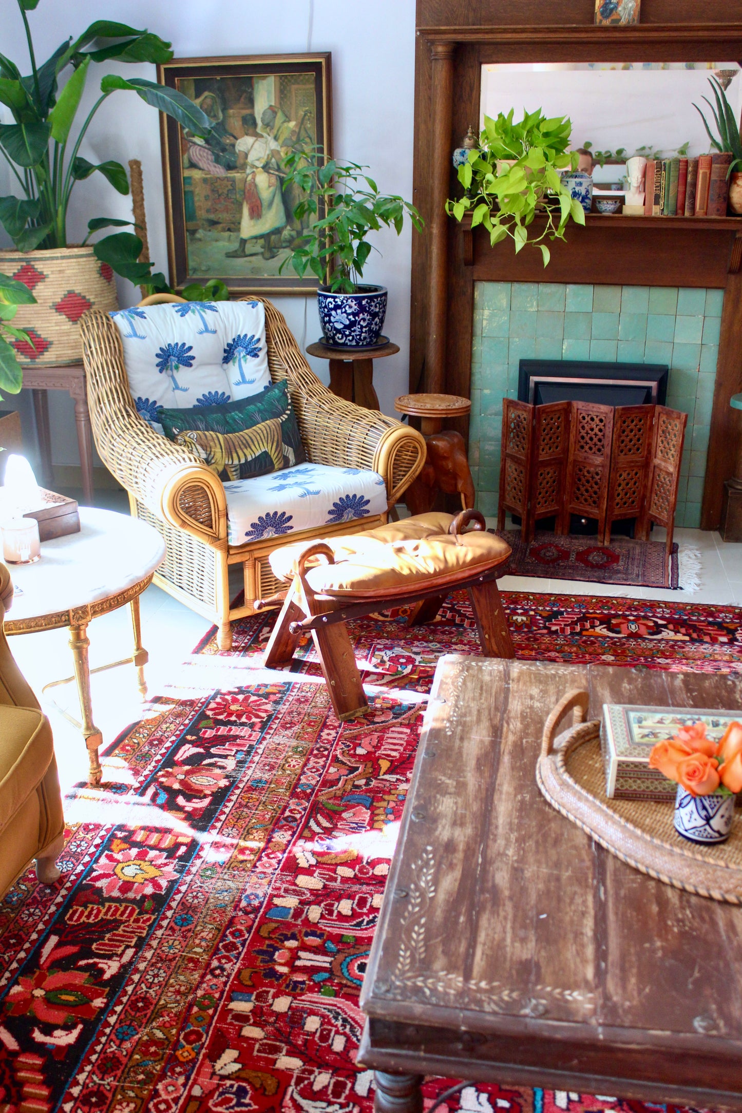 Vintage Pakistani Rosewood and Brass Inlay Footstool
