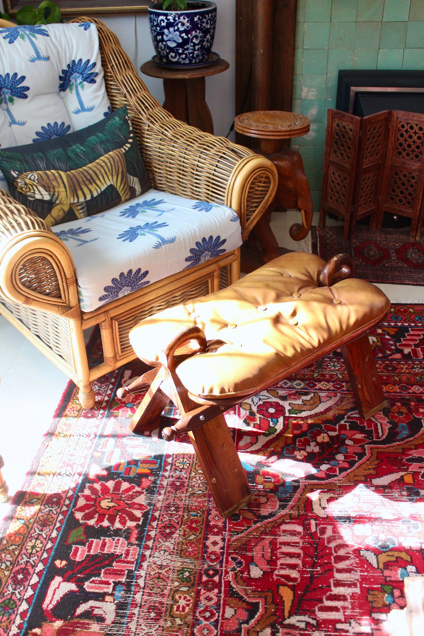 Vintage Pakistani Rosewood and Brass Inlay Footstool