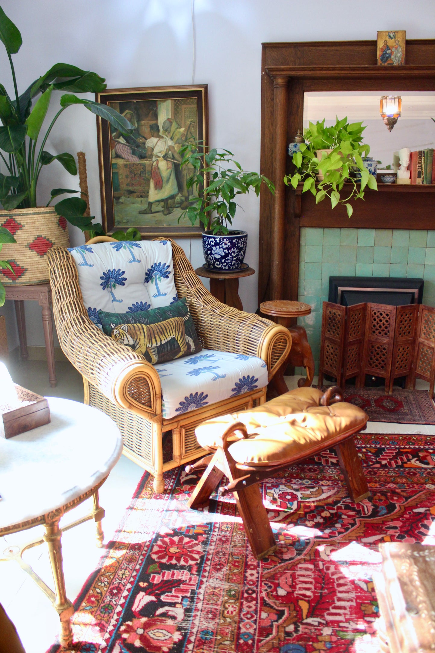 Vintage Pakistani Rosewood and Brass Inlay Footstool