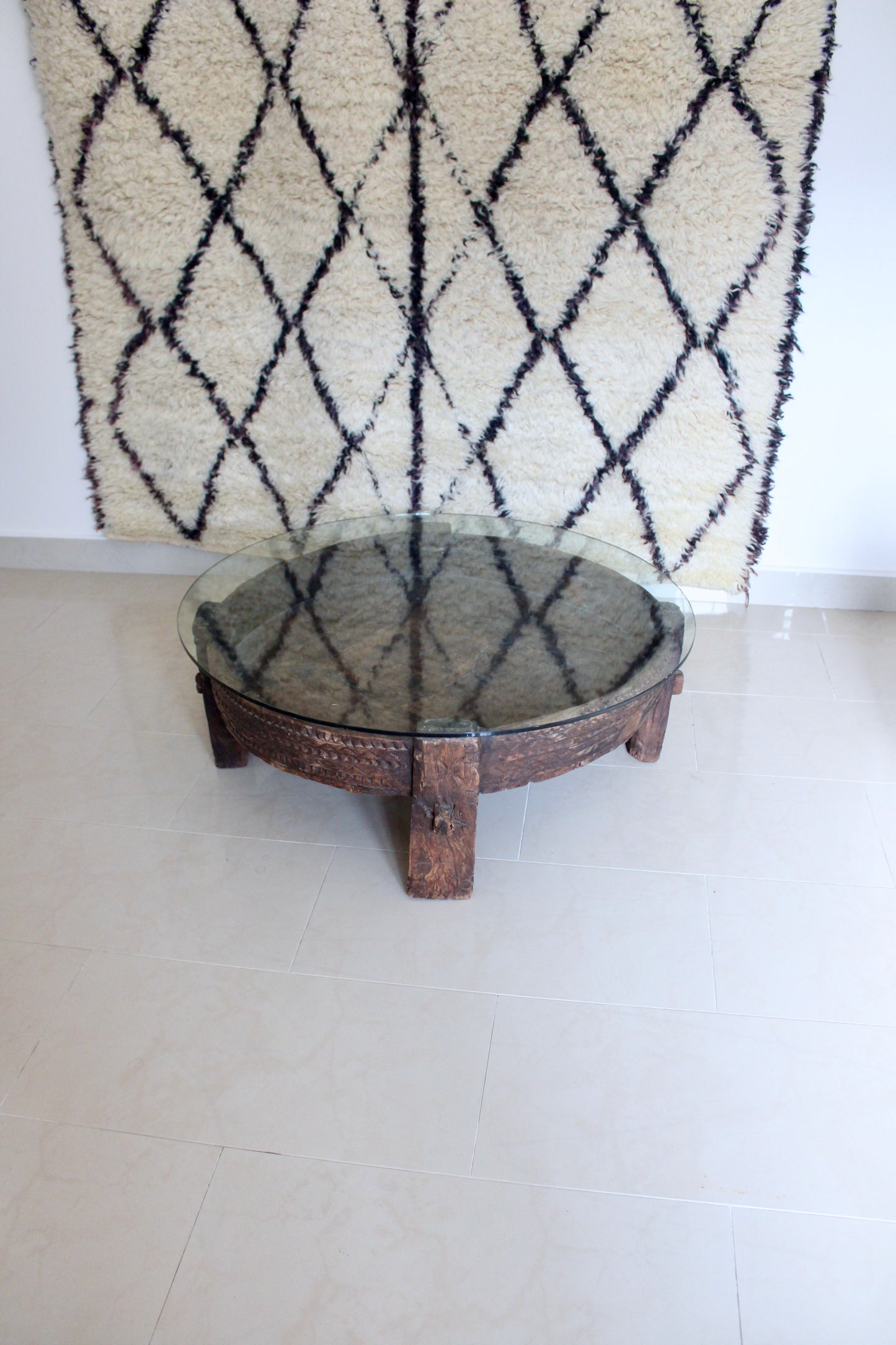 Antique Solid Wood Indian Coffee Table with Glass Top