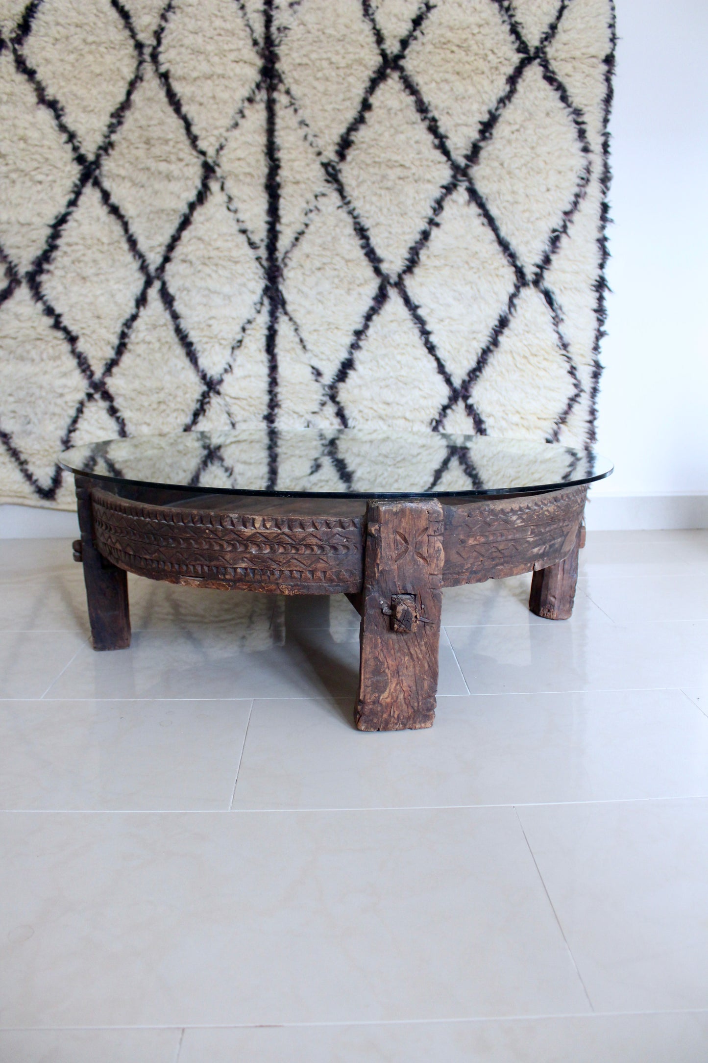 Antique Solid Wood Indian Coffee Table with Glass Top