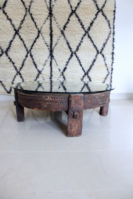 Antique Solid Wood Indian Coffee Table with Glass Top