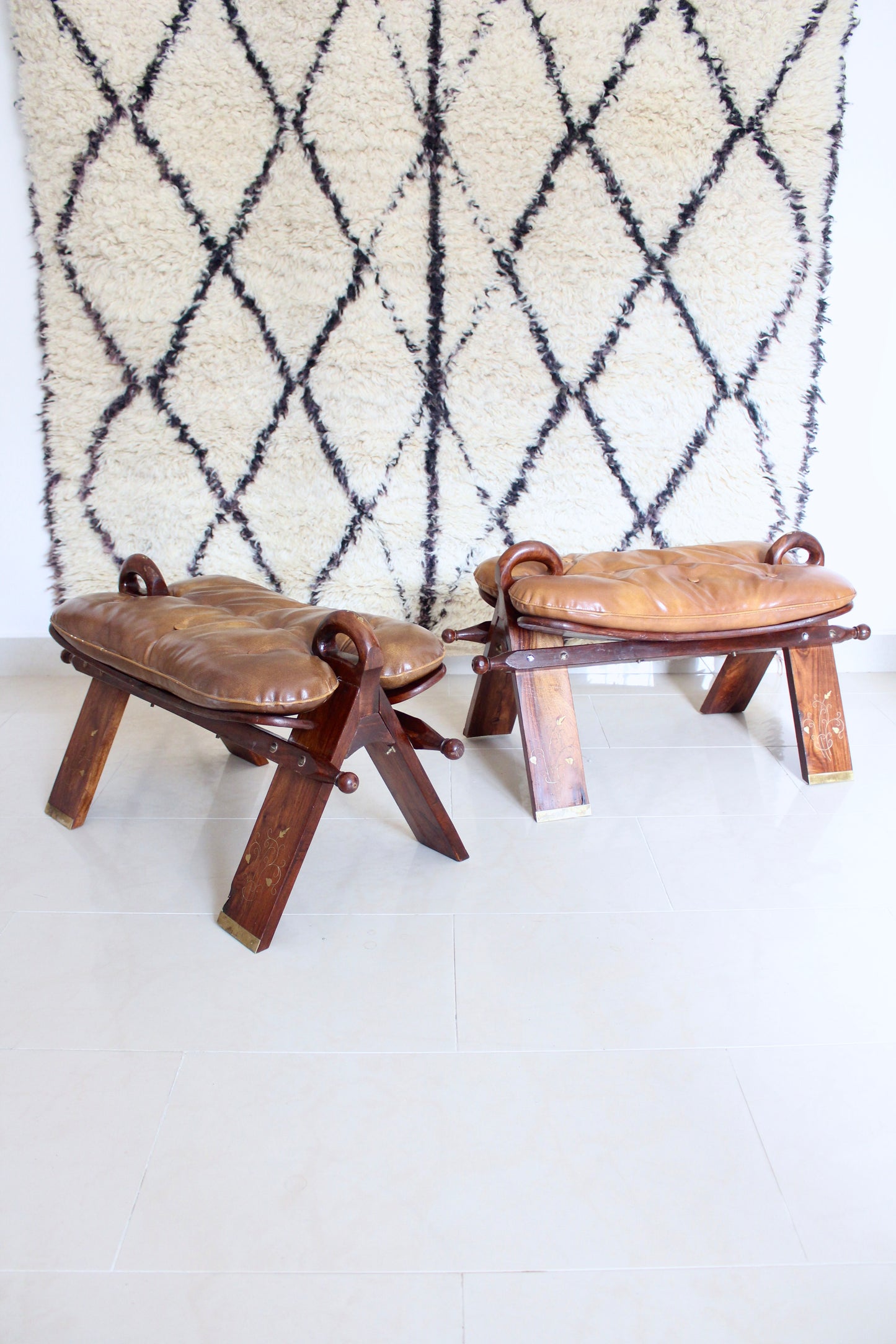 Vintage Pakistani Rosewood and Brass Inlay Footstool