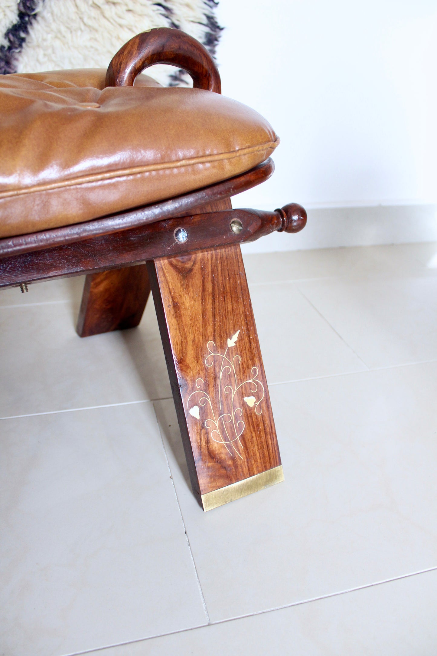 Vintage Pakistani Rosewood and Brass Inlay Footstool