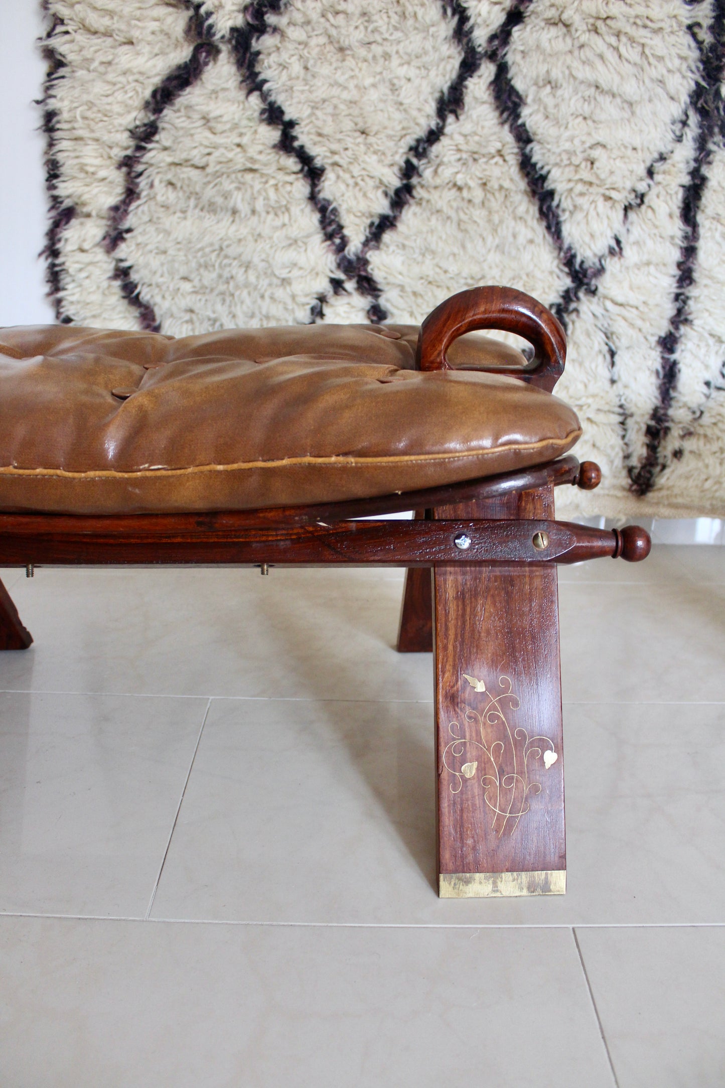 Vintage Pakistani Rosewood and Brass Inlay Footstool