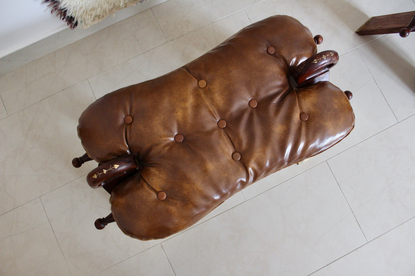 Vintage Pakistani Rosewood and Brass Inlay Footstool