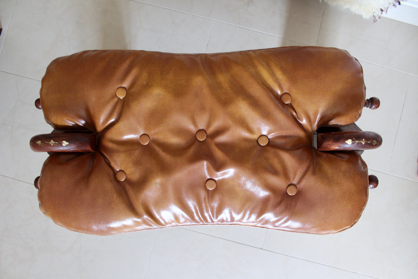 Vintage Pakistani Rosewood and Brass Inlay Footstool