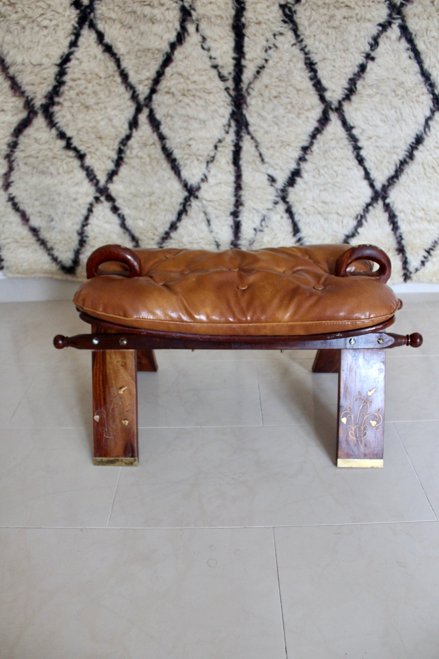 Vintage Pakistani Rosewood and Brass Inlay Footstool