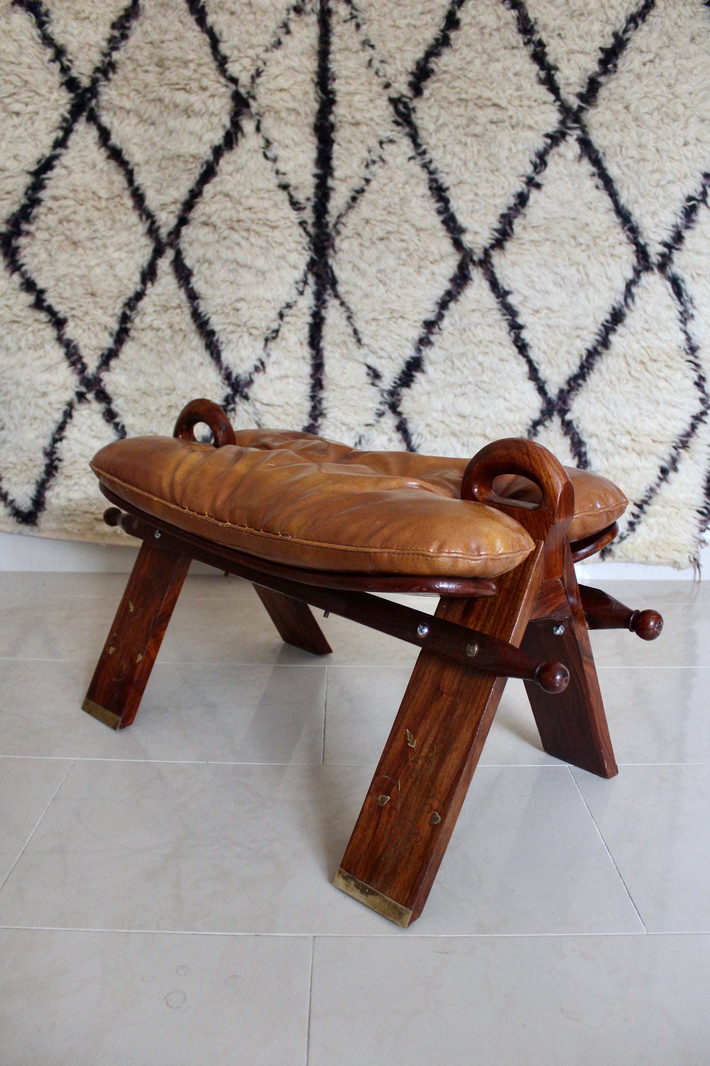 Vintage Pakistani Rosewood and Brass Inlay Footstool