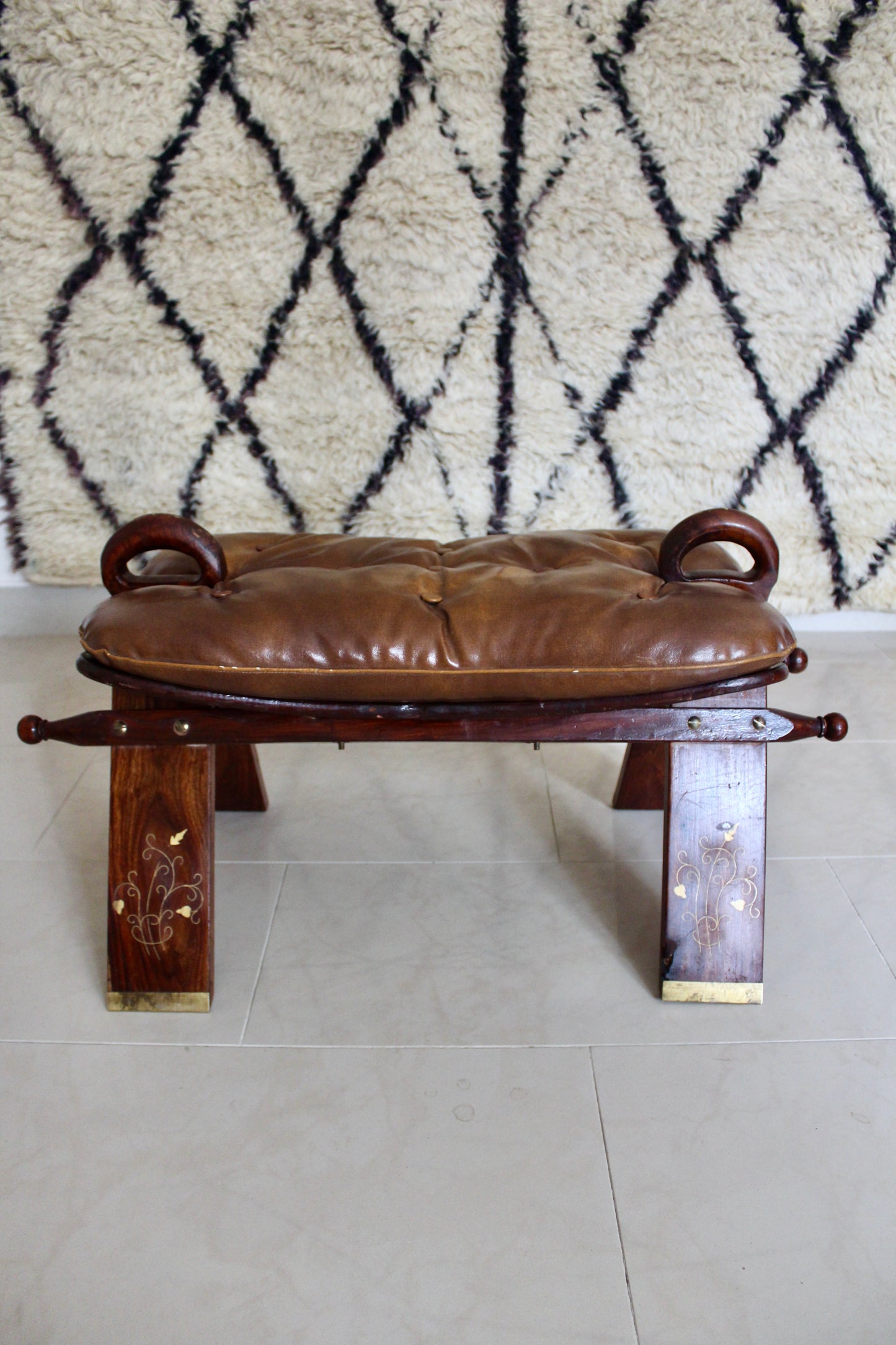 Vintage Pakistani Rosewood and Brass Inlay Footstool