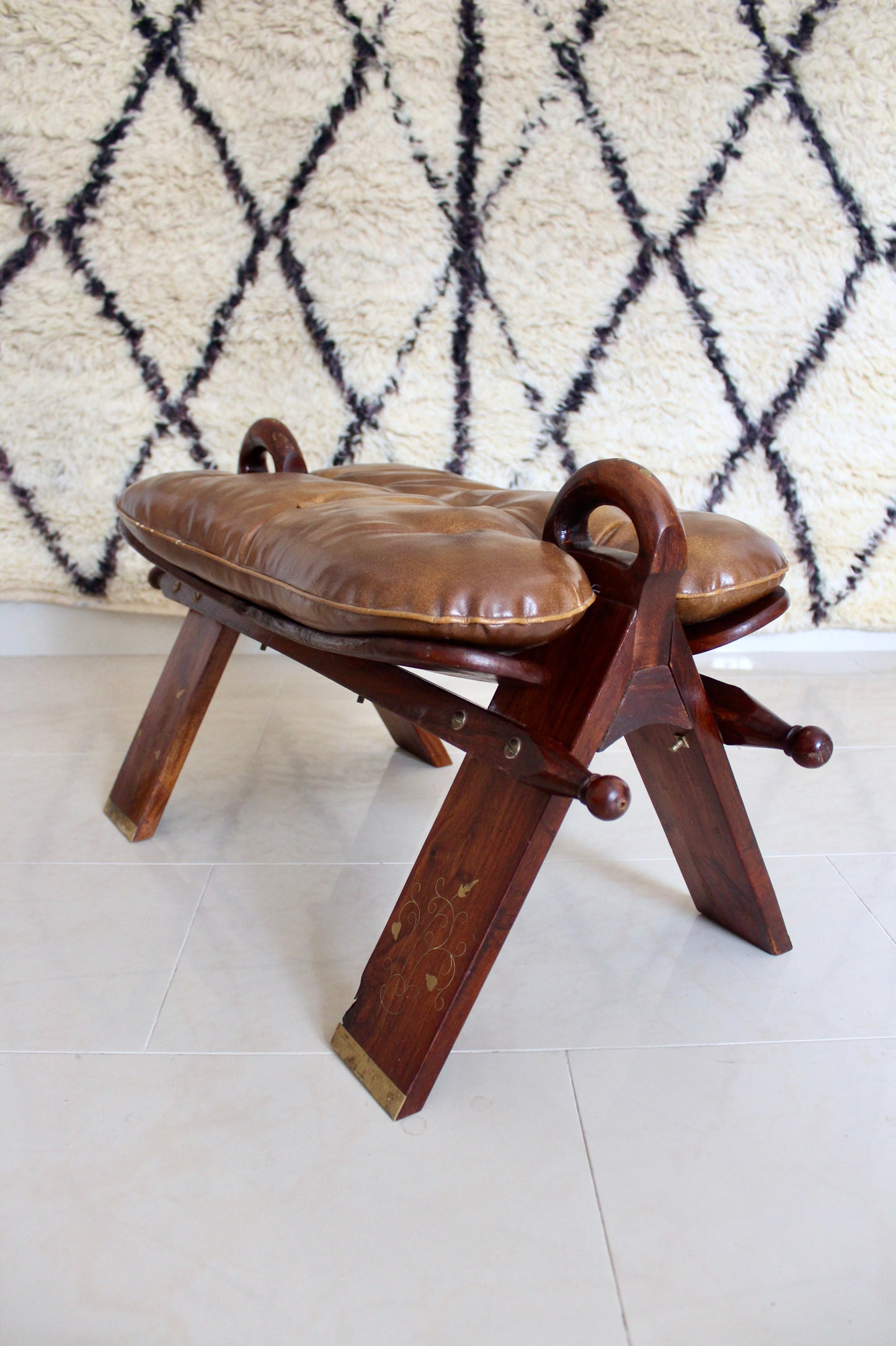 Vintage Pakistani Rosewood and Brass Inlay Footstool