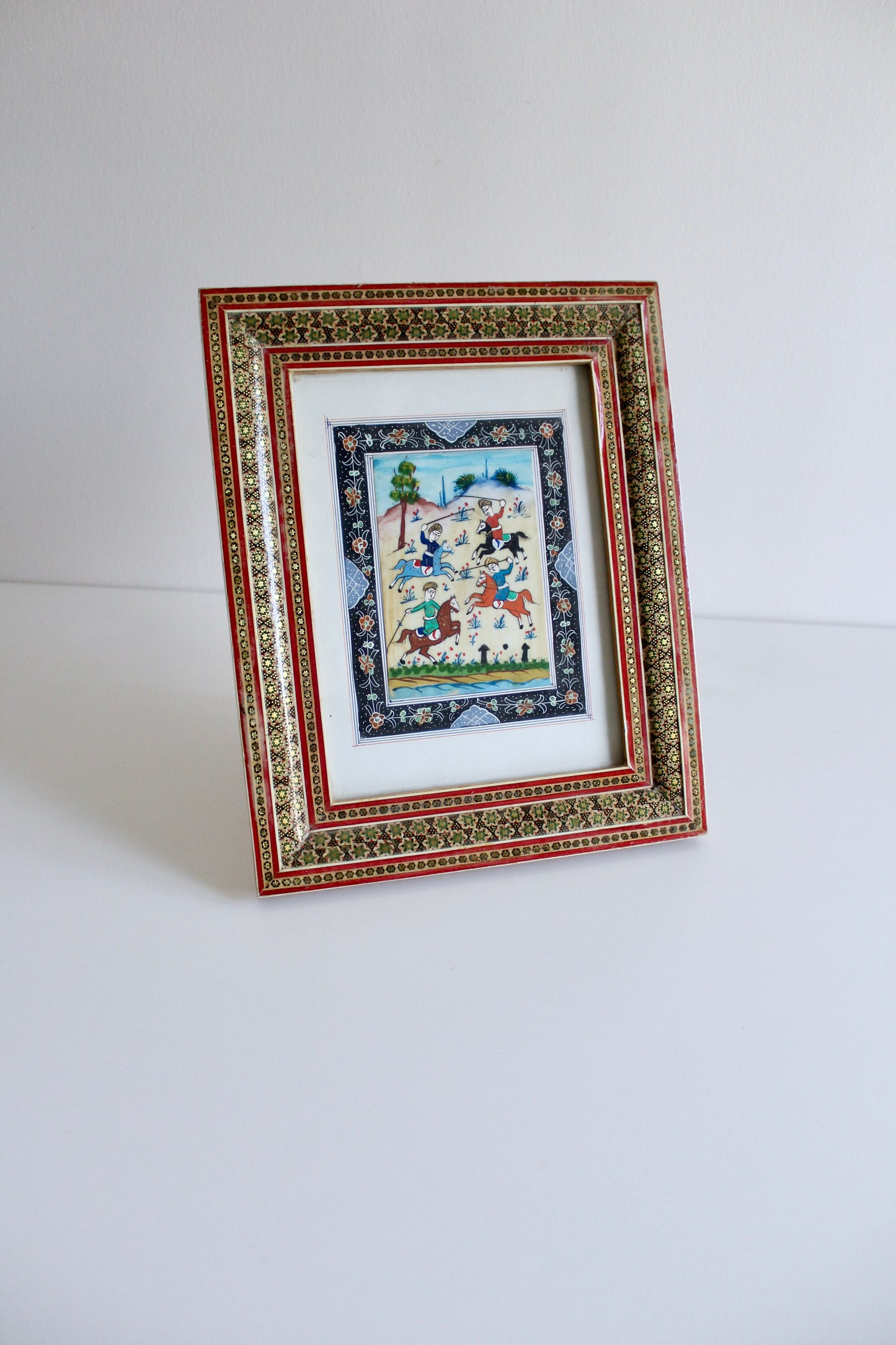 Vintage Khatam Kari Frame with Polo Match Painting
