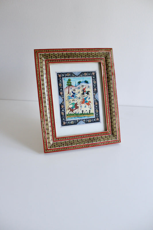 Vintage Khatam Kari Frame with Polo Match Painting