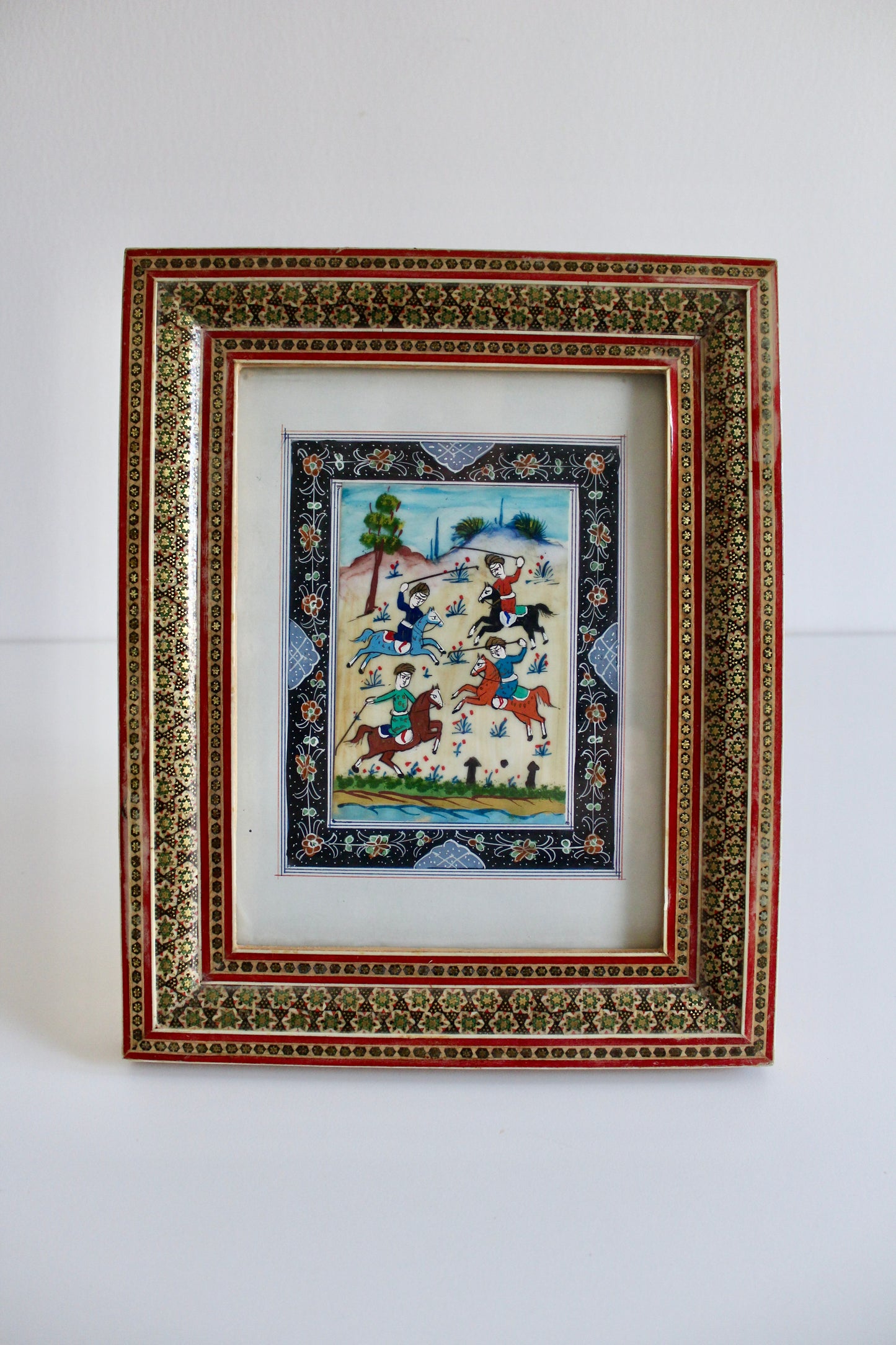 Vintage Khatam Kari Frame with Polo Match Painting