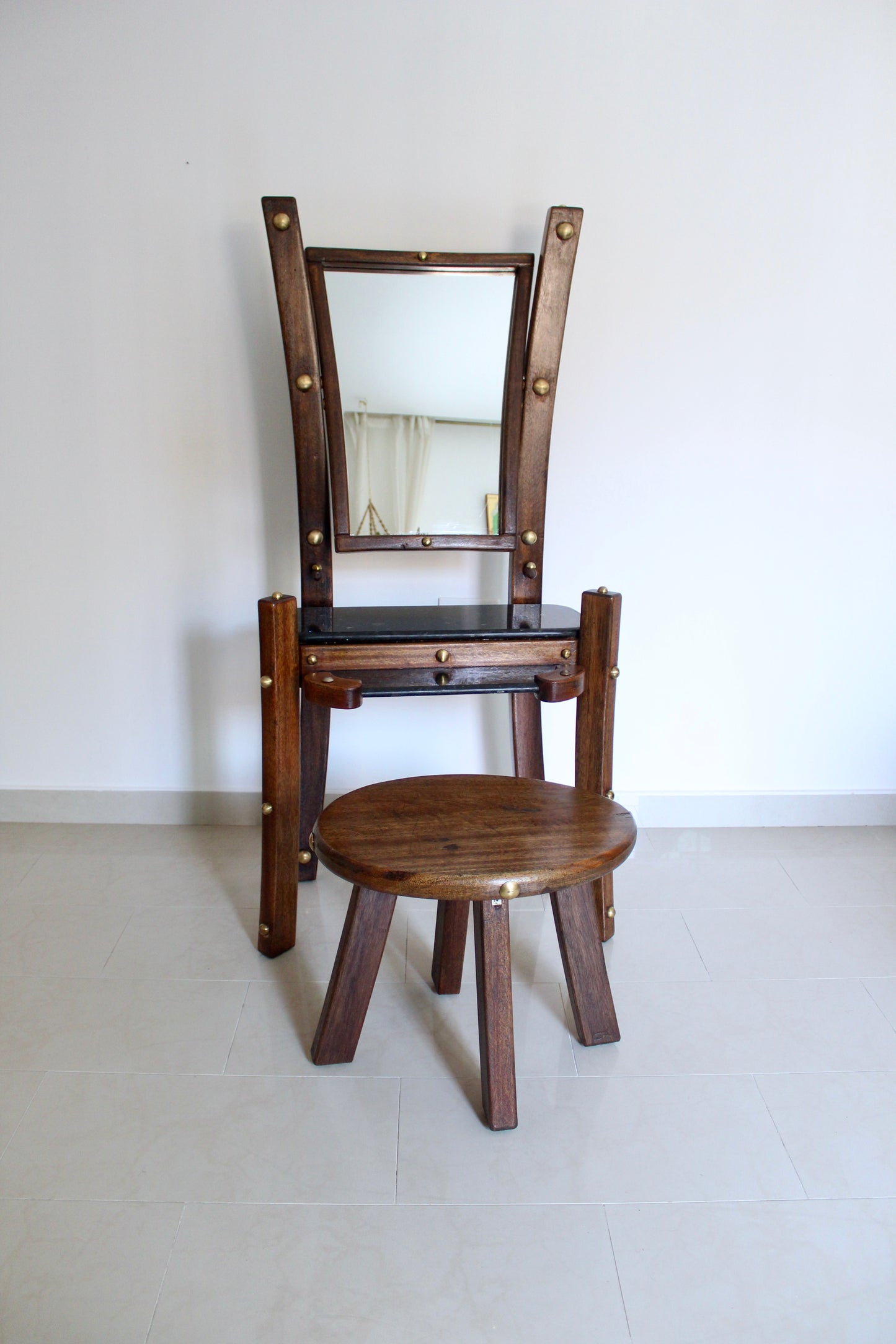 Vintage 1980s Indian Solid Wood and Granite Vanity Table and Stool