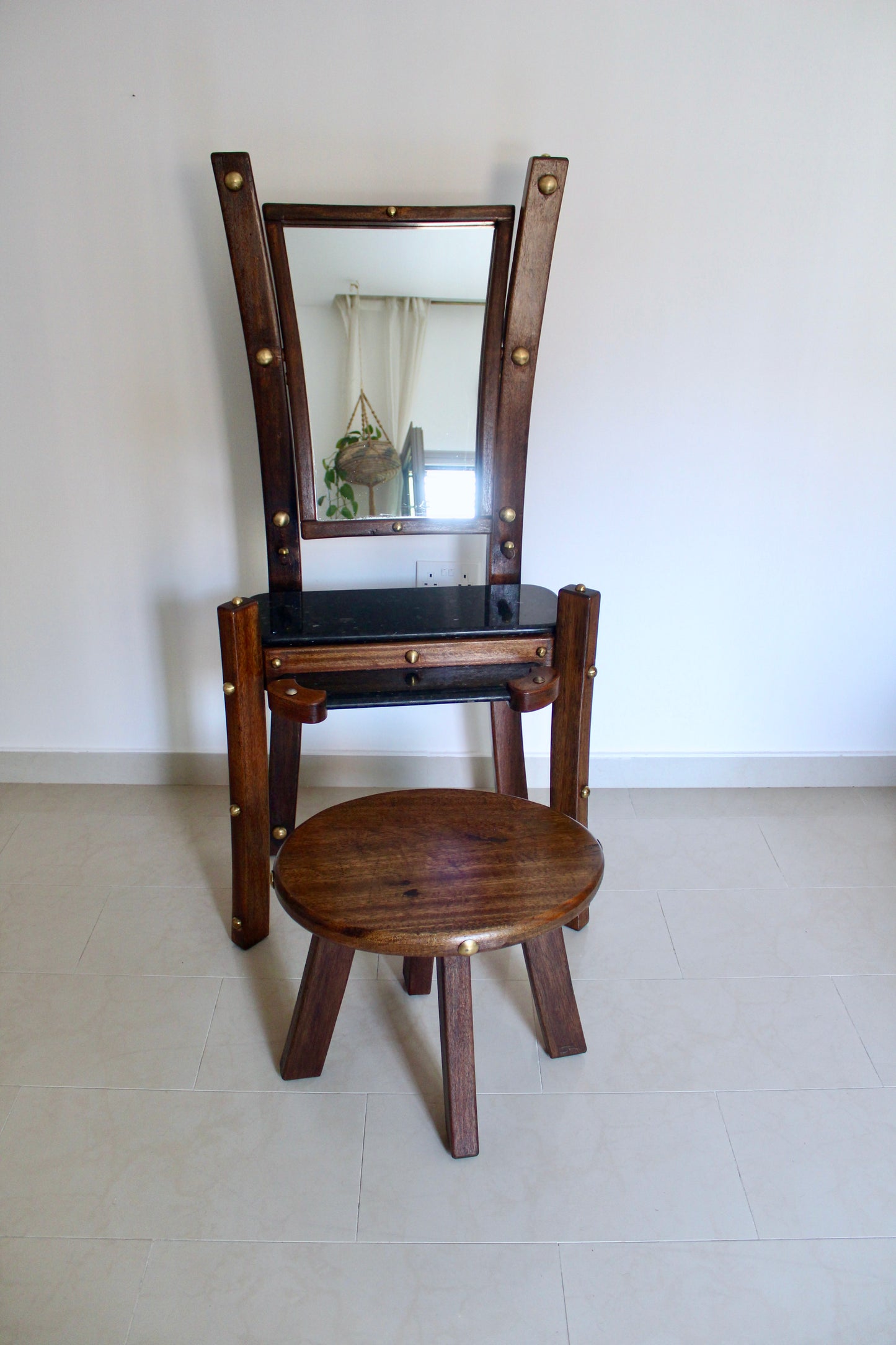 Vintage 1980s Indian Solid Wood and Granite Vanity Table and Stool