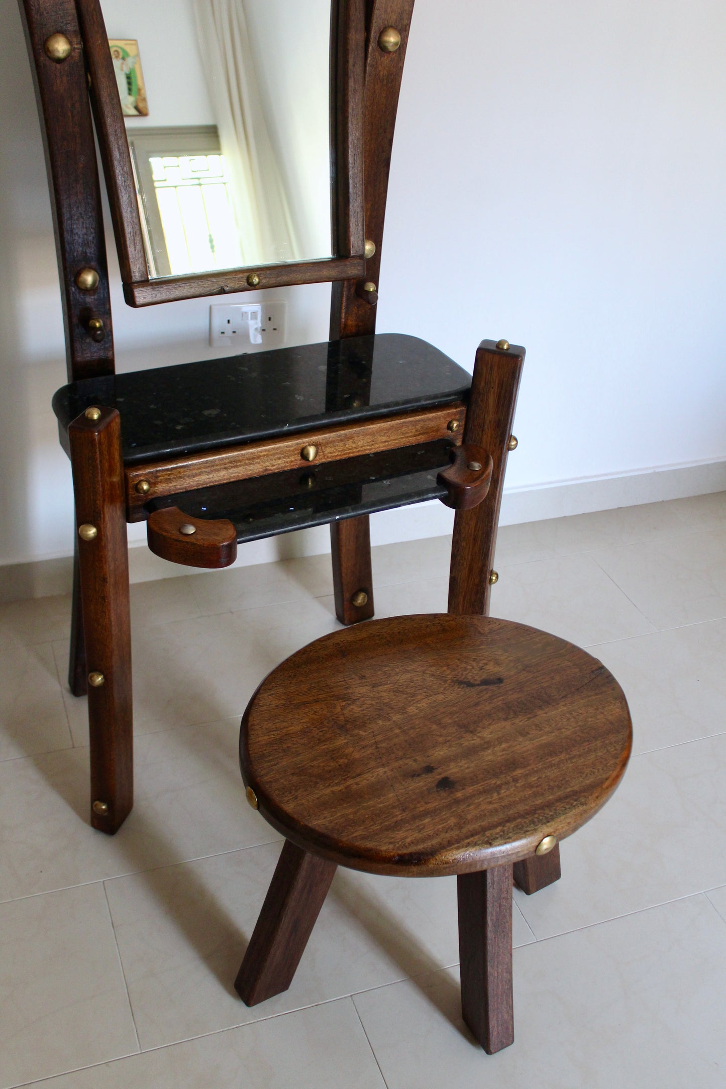 Vintage 1980s Indian Solid Wood and Granite Vanity Table and Stool