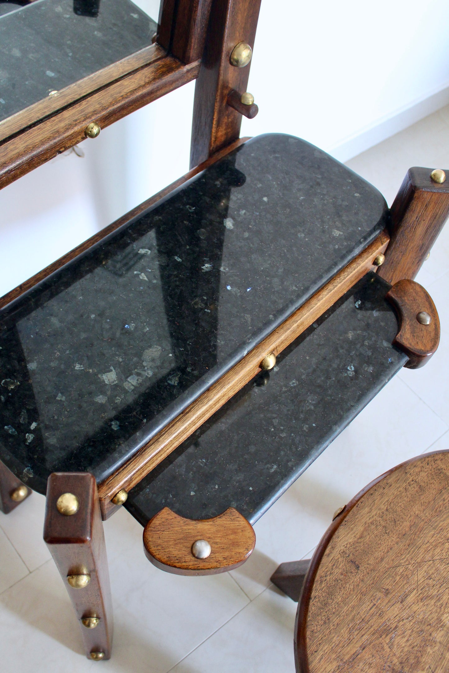 Vintage 1980s Indian Solid Wood and Granite Vanity Table and Stool