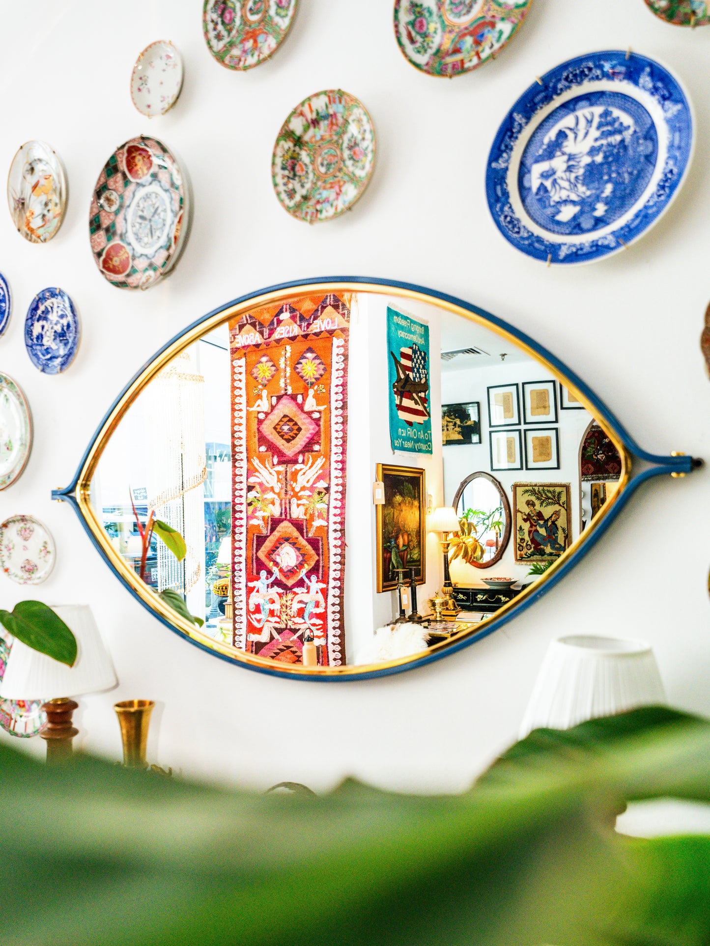 Vintage Italian Style Blue Lacquer & Brass Console Table with Matching Mirror, c. 1970s–1980s