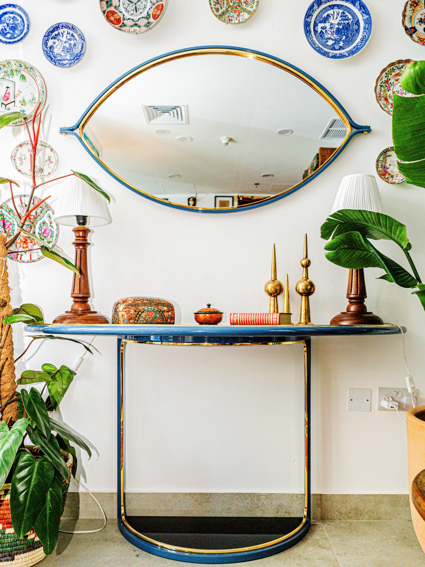 Vintage Italian Style Blue Lacquer & Brass Console Table with Matching Mirror, c. 1970s–1980s